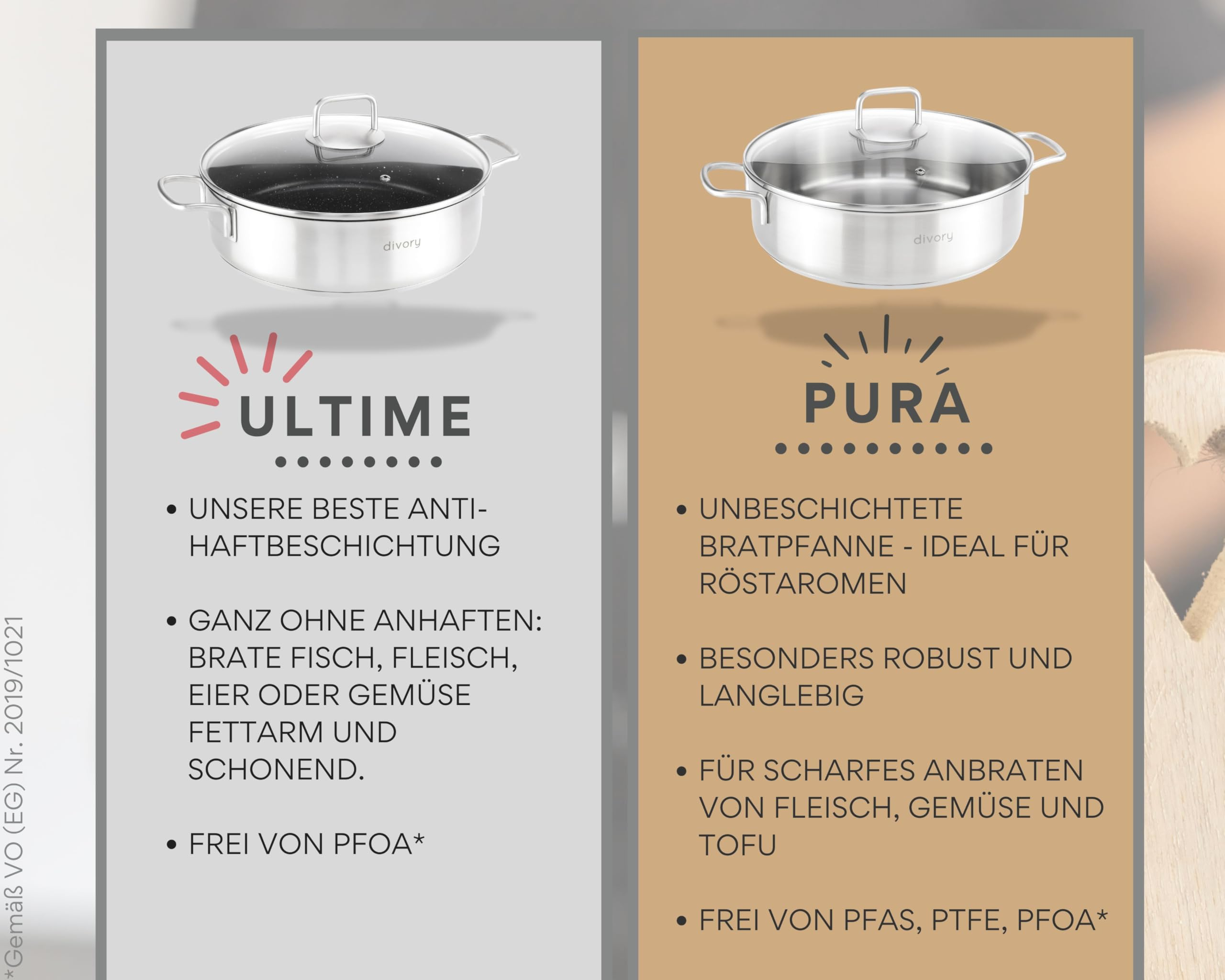 Comparaison de deux poêles Divory: Ultime avec revêtement antiadhésif et Pura comme poêle non revêtue.