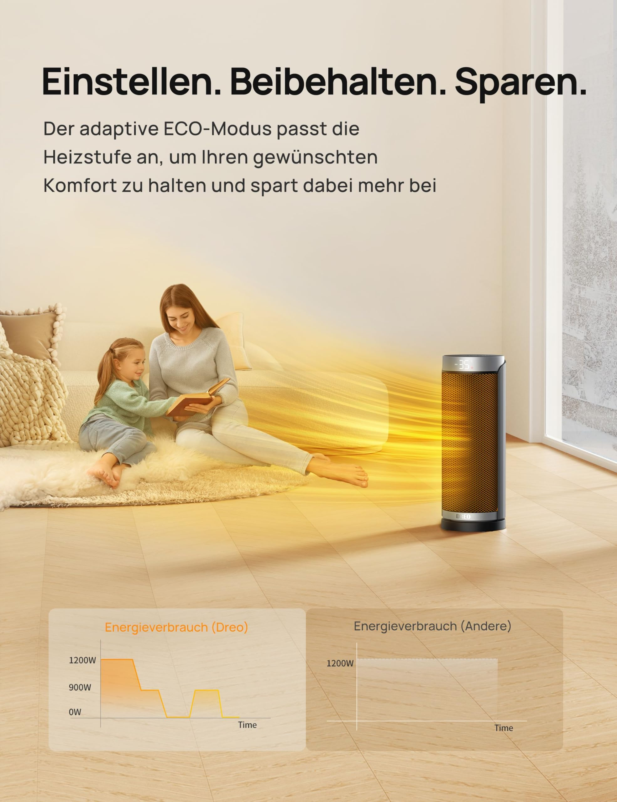 Eine Frau und ein Kind lesen auf einem Teppich, während ein Turmheizgerät den Raum wärmt, mit Energiestatistiken.