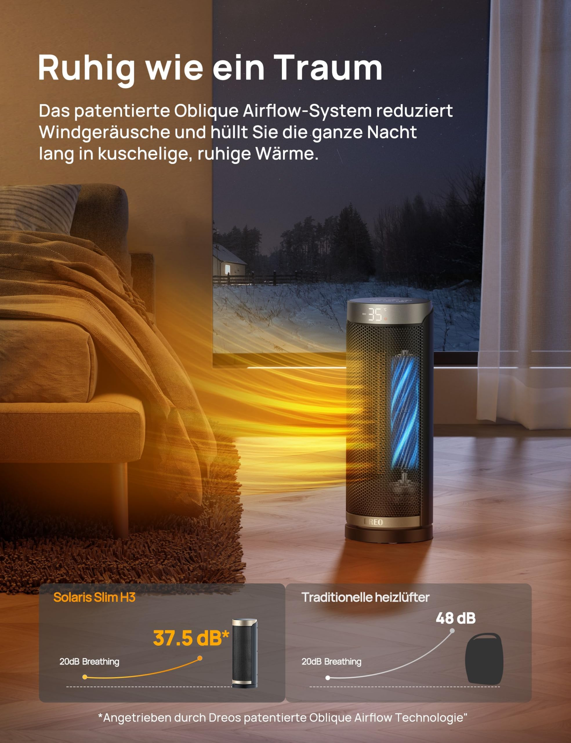 Turmheizlüfter strahlt warme Luft in ein Schlafzimmer mit Blick auf eine winterliche Landschaft.