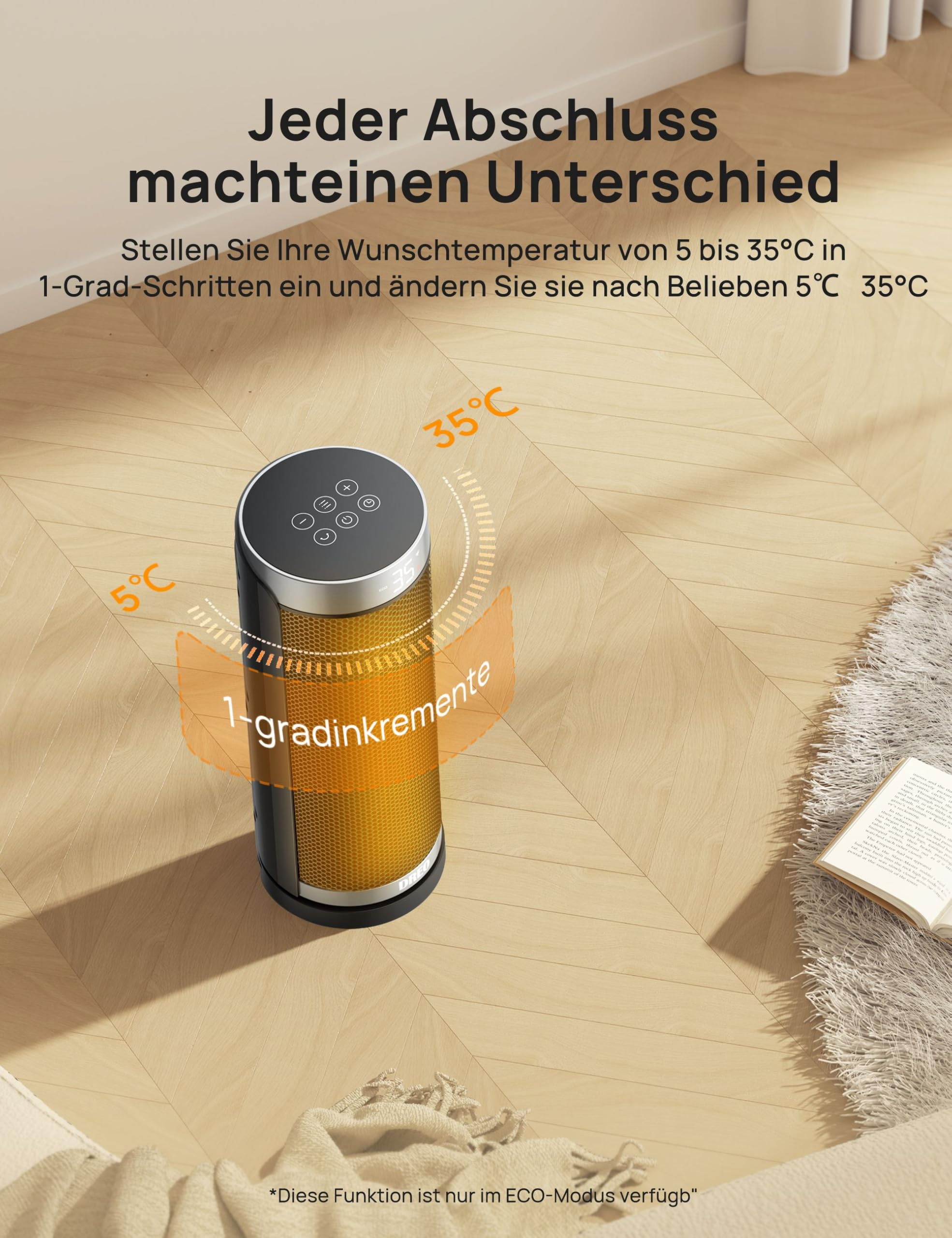 Ein zylinderförmiger Heizer auf Holzfußboden mit digitalem Display und Temperaturregelung von 5 bis 35°C.