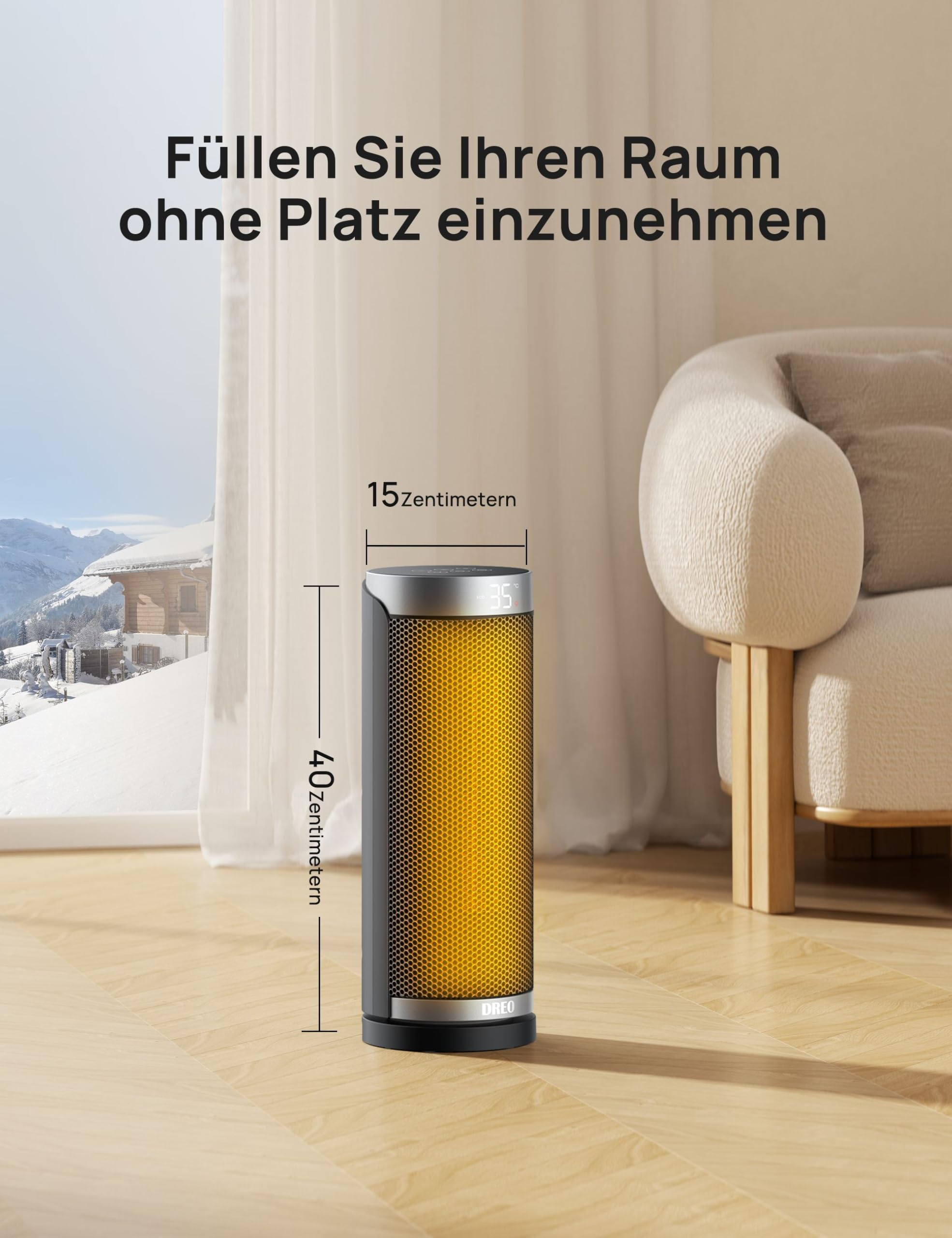 Ein zylindrischer Heizlüfter mit orangem Gitter steht in einem modernen Zimmer mit Blick auf verschneite Berge.