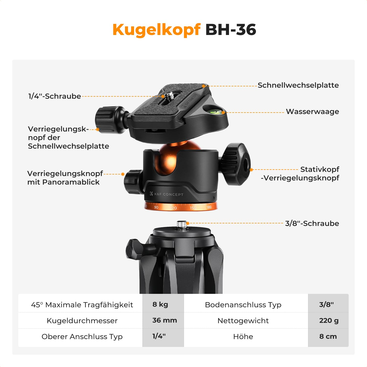 Diagramm eines Kugelkopfs BH-36 mit Beschriftungen und technischen Daten unten.