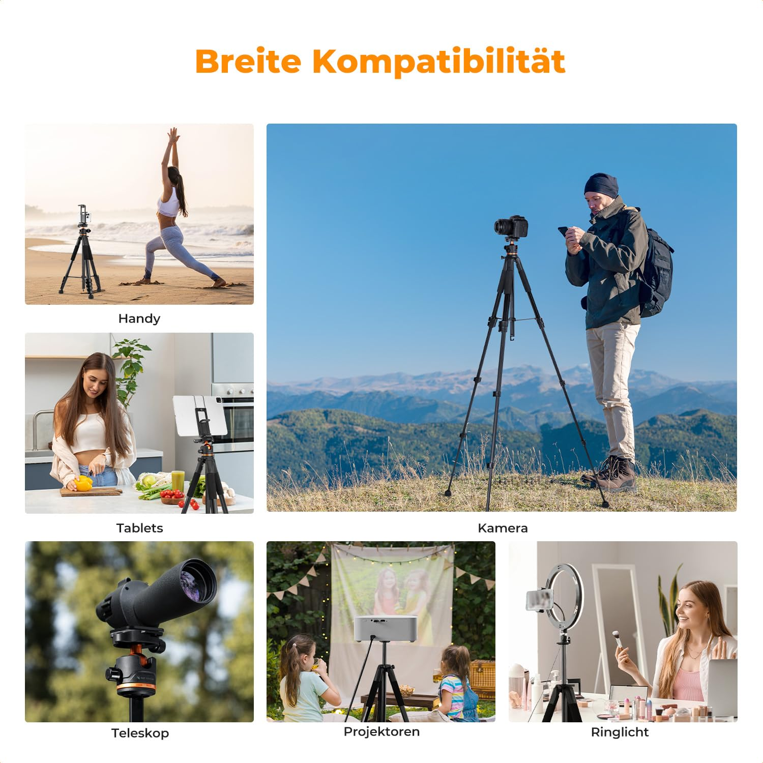 Eine Collage zeigt ein Kamerastativ im Einsatz mit Smartphones, Tablets, Kameras, Teleskopen, Projektoren und Ringlichtern.