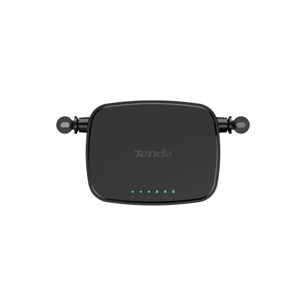 Un router Wi-Fi Tenda nero con due antenne e spie di stato verdi.