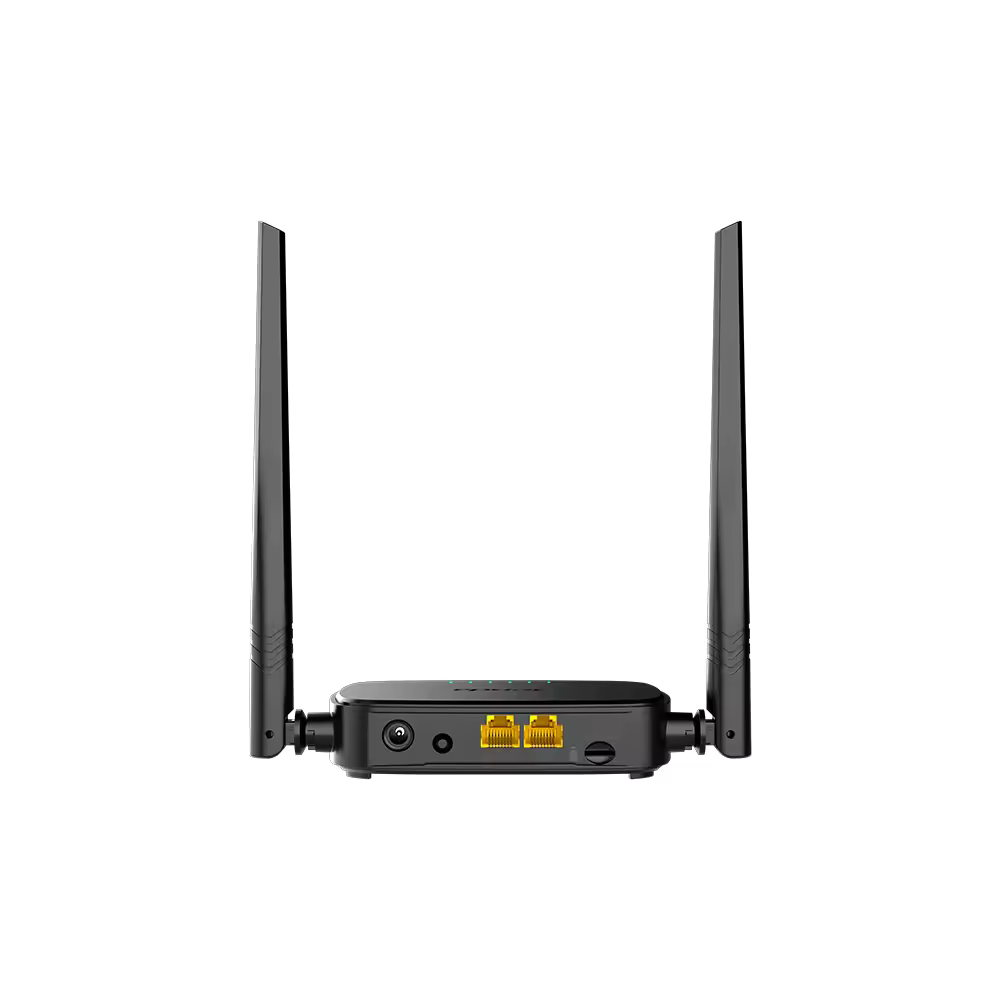 Un router wireless nero con due antenne verticali e porte Ethernet gialle sul retro.
