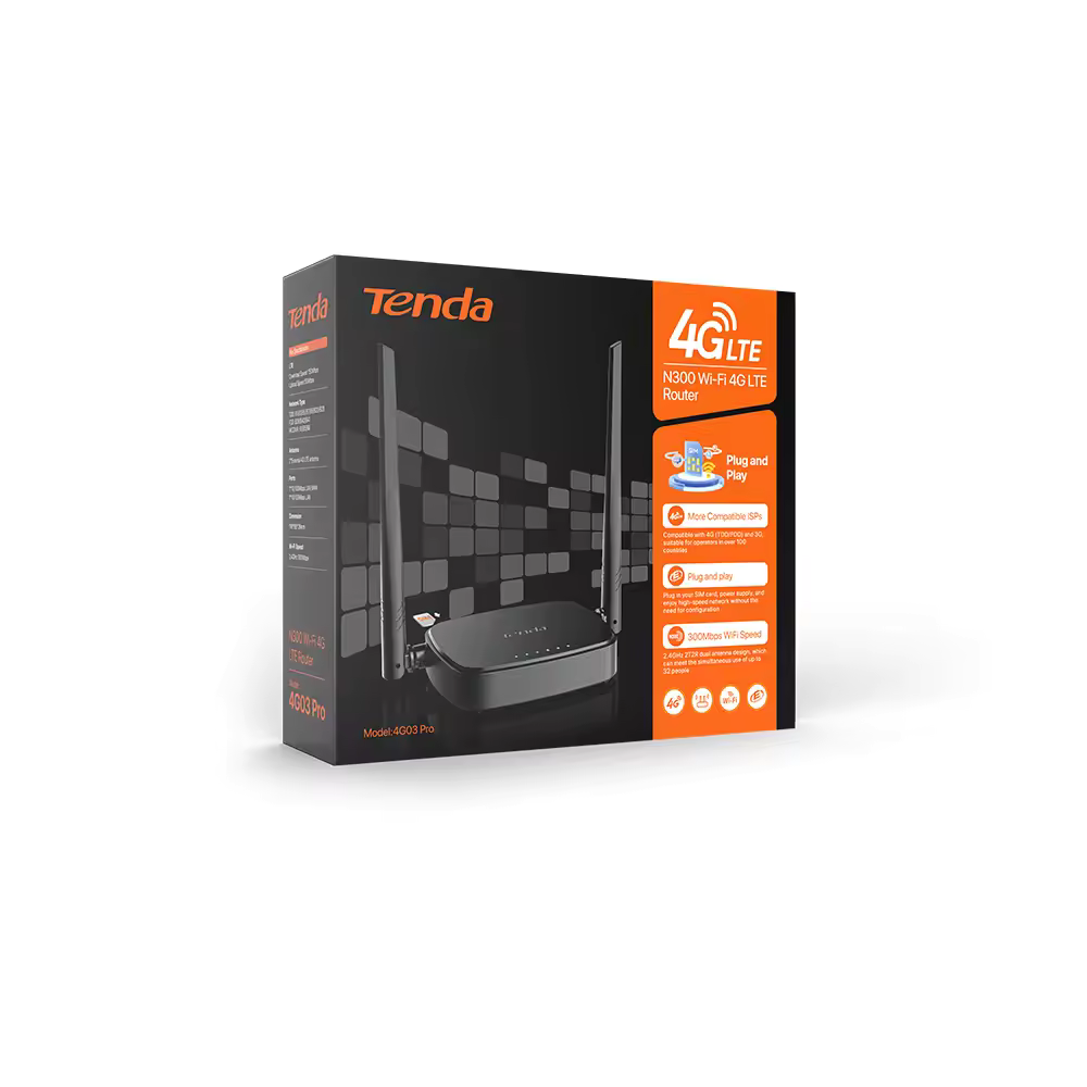 Confezione di un router Wi-Fi Tenda 4G LTE N300 nero con due antenne e dettagli arancioni su sfondo bianco.