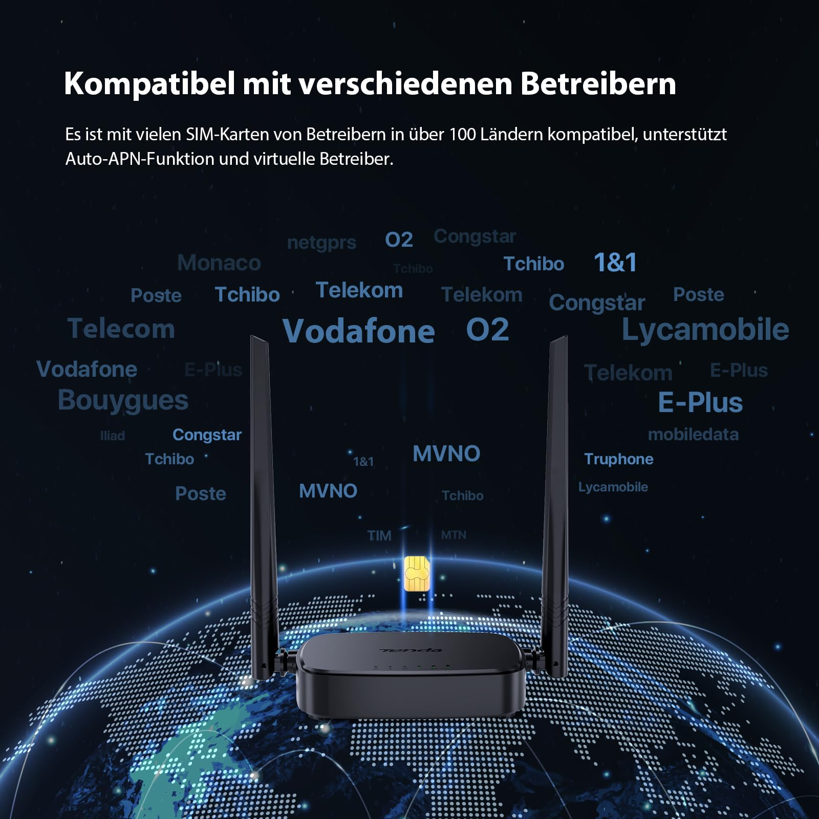 Un router Wi-Fi nero con due antenne si trova davanti a un globo e a del testo.