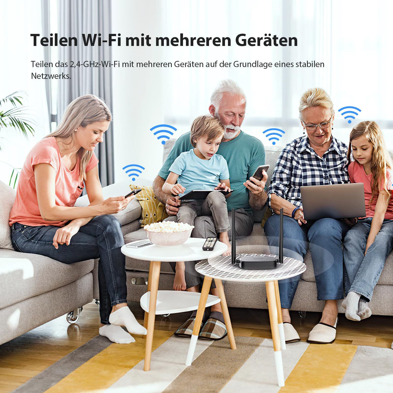 Una famiglia siede su un divano utilizzando vari dispositivi come smartphone, tablet e laptop.