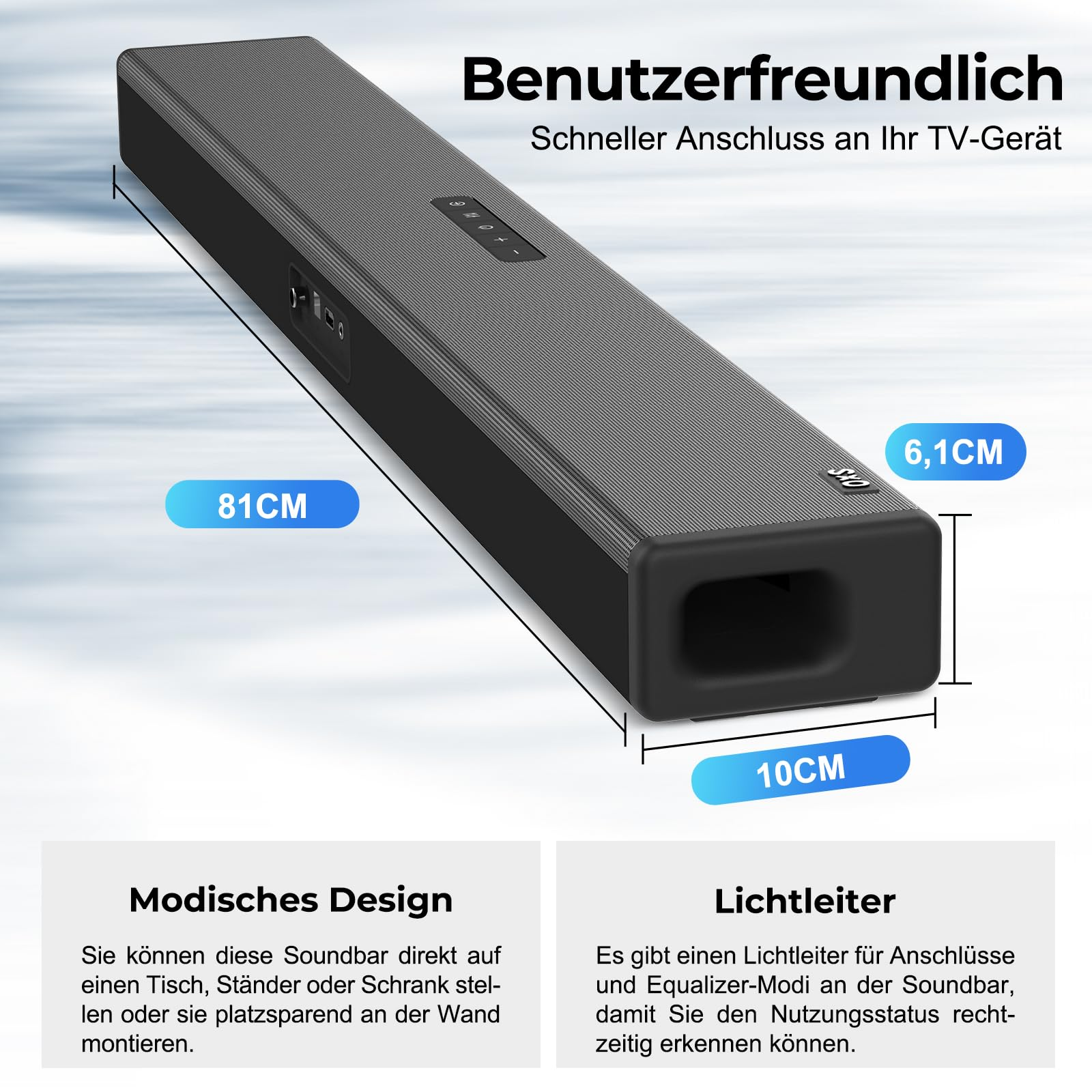Barre de son noire avec dimensions 81x10x6,1 cm et description en allemand sur fond blanc.