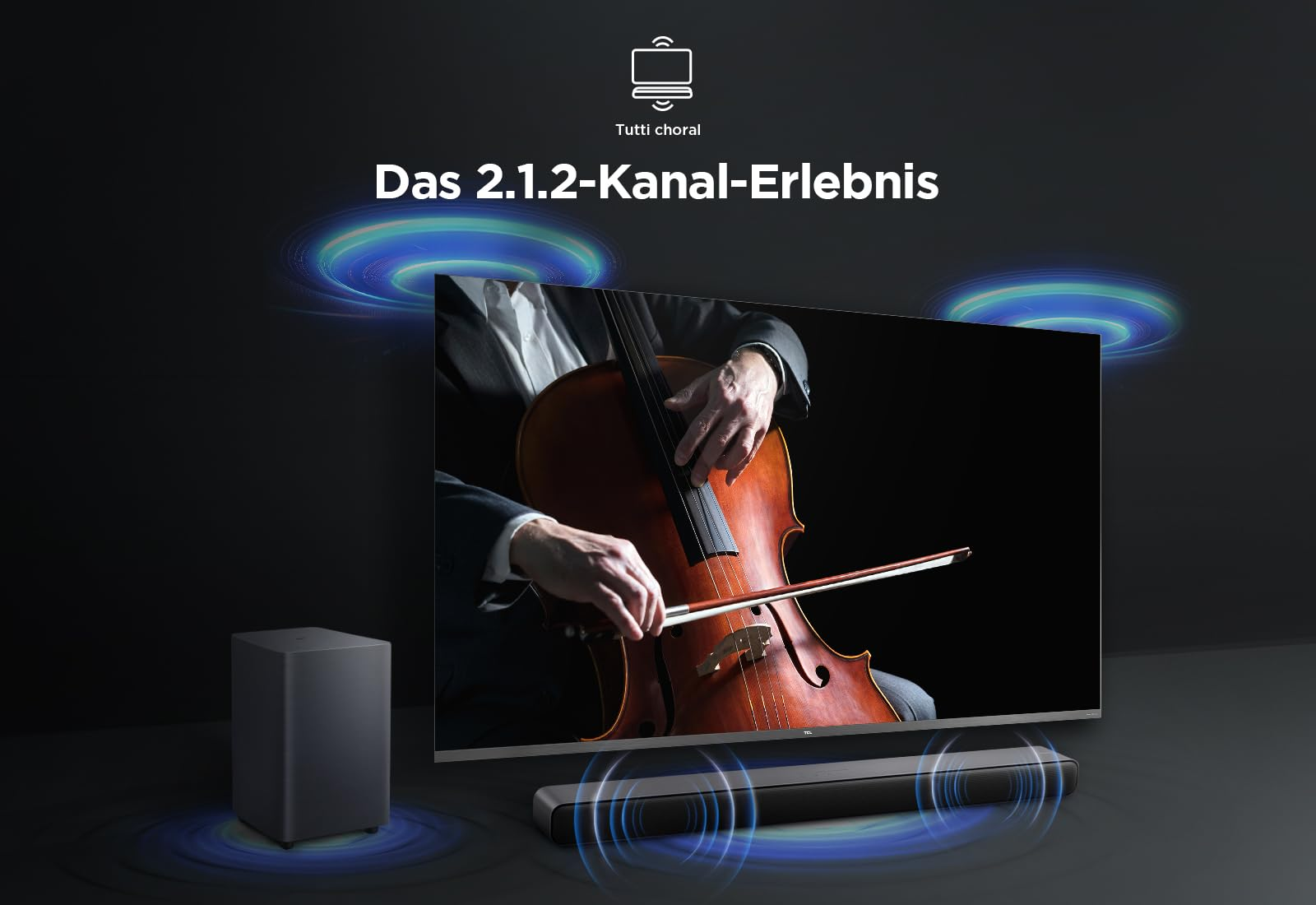 Ein TV mit Soundbar und Subwoofer zeigt einen Cellospieler, umgeben von blauen Klangwellen.