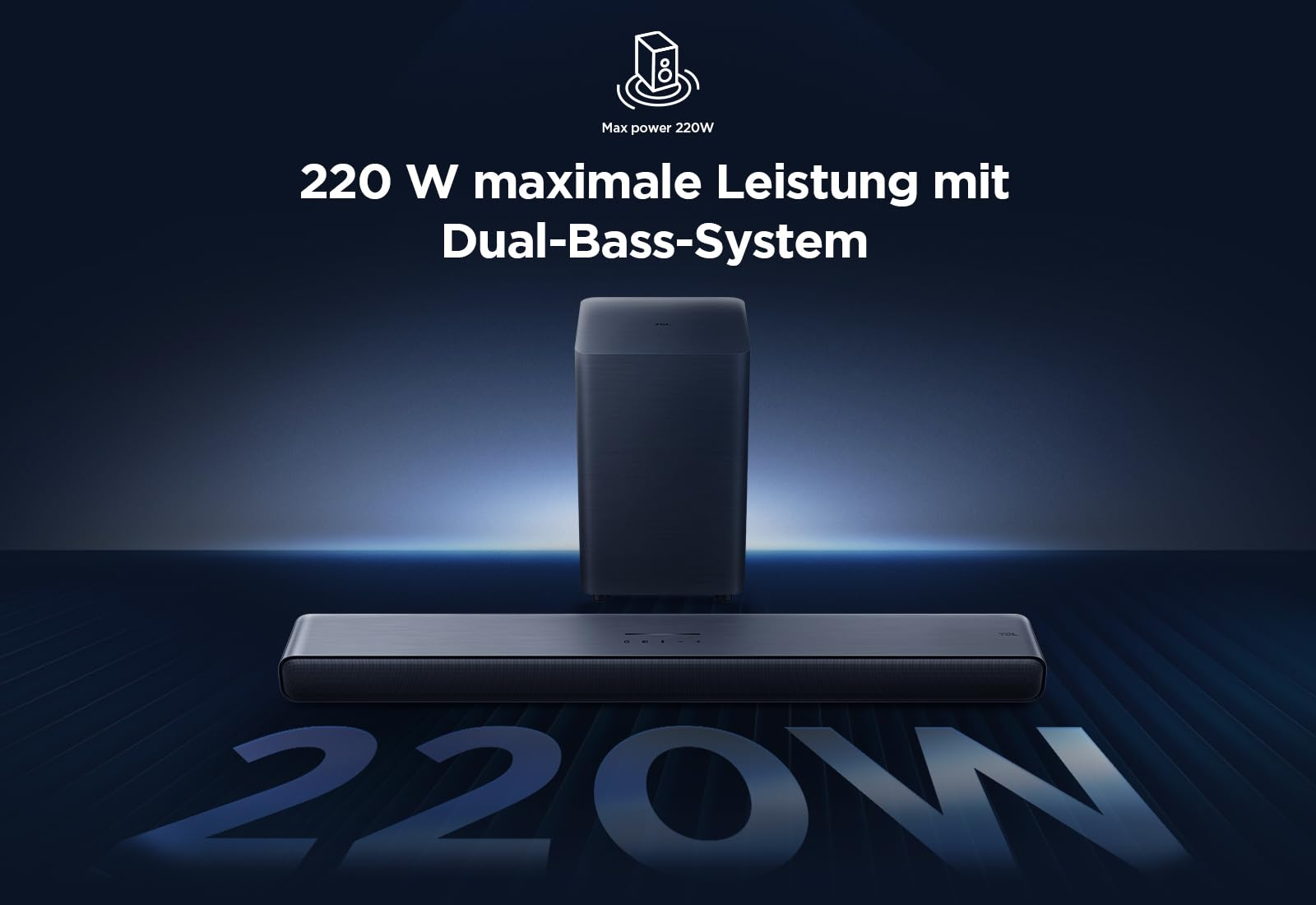 Eine Soundbar und ein Subwoofer auf blauem Untergrund mit der Aufschrift 220 W.