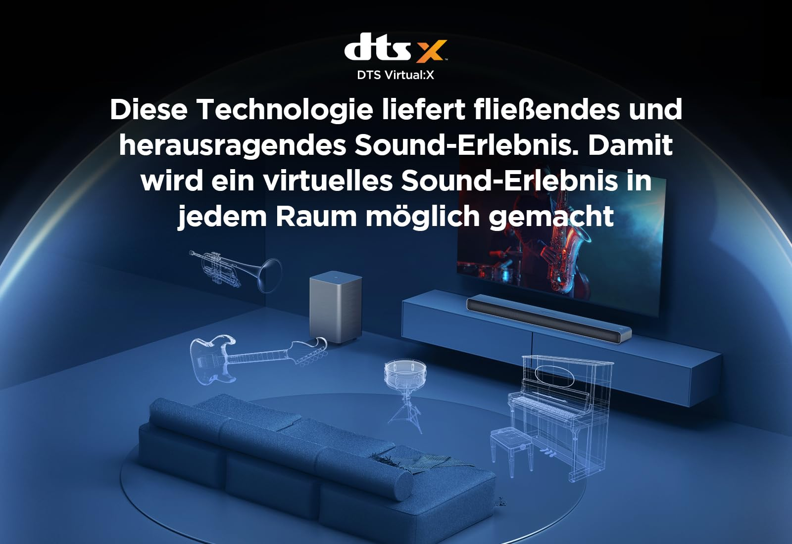 Ein blaues Wohnzimmer zeigt virtuelle Musikinstrumente in der Luft und DTS Virtual:X Text.