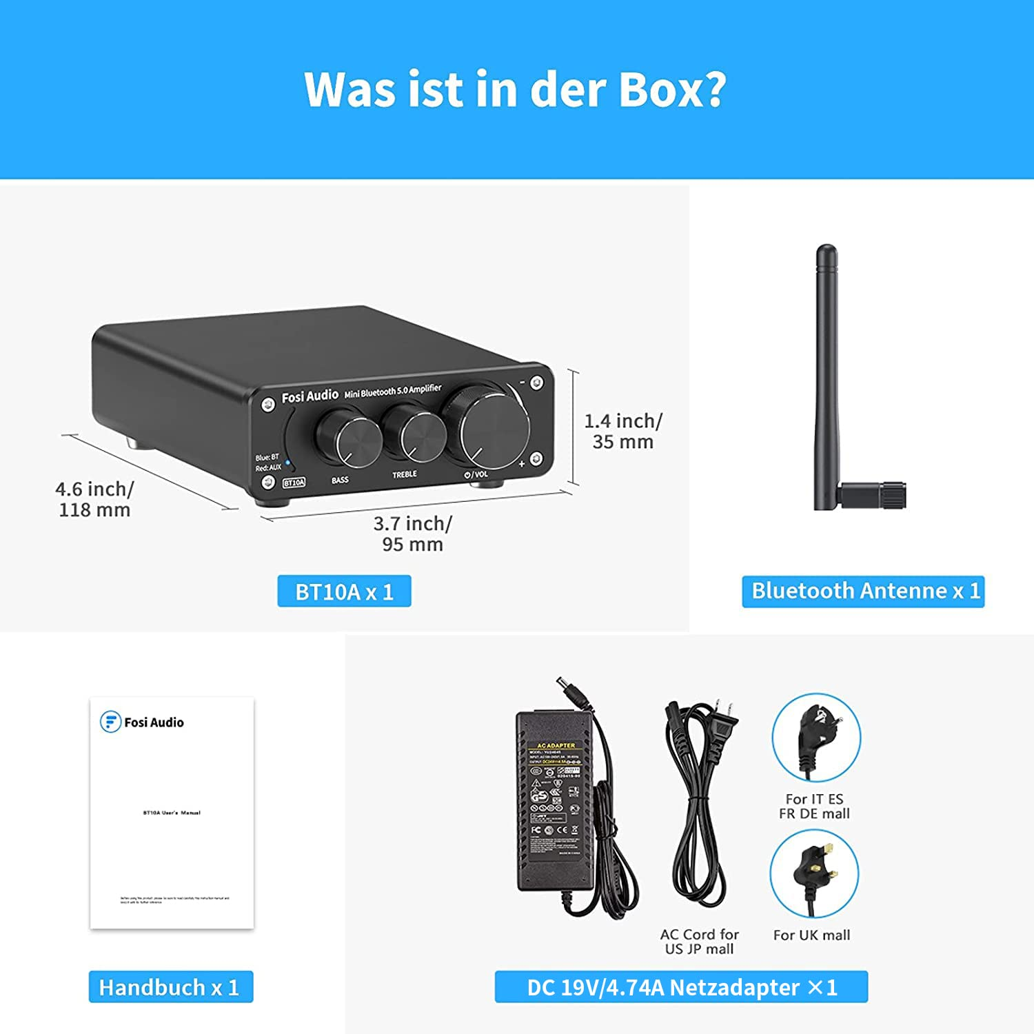 Produktinhalt: Fosi Audio Mini Bluetooth Verstärker, Antenne, Netzteil, Netzkabel und Handbuch.