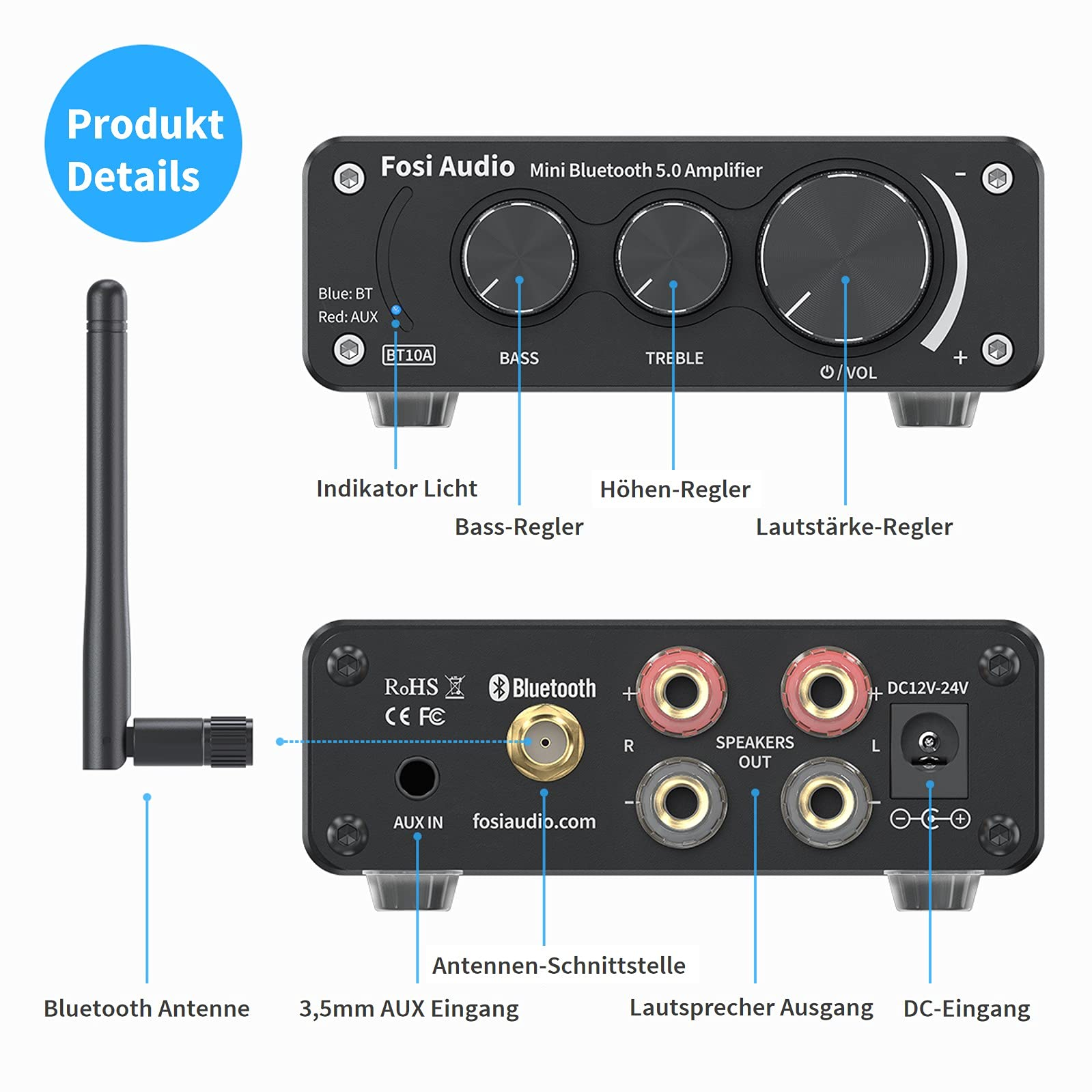 Diagramm zeigt die Vorder- und Rückseite des Fosi Audio Mini Bluetooth 5.0 Verstärkers mit erklärenden Beschriftungen.