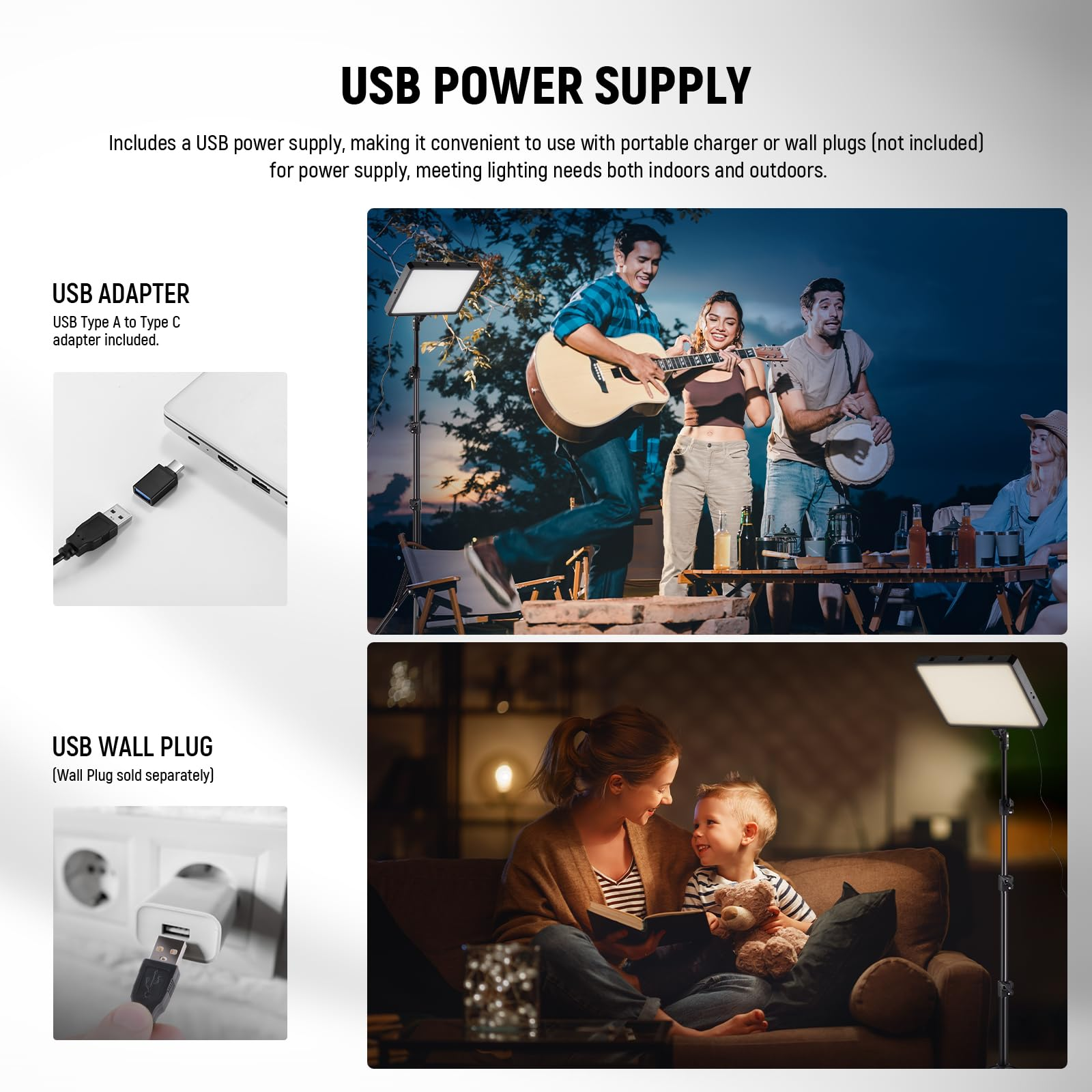 Infographie d'alimentation USB montrant des adaptateurs, des prises murales et des lumières LED intérieures et extérieures.