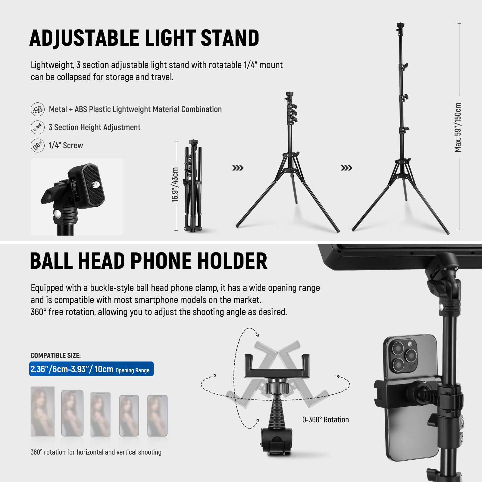 Pied de lumière réglable et support de téléphone à rotule.