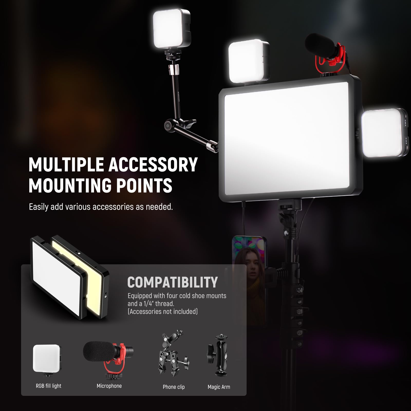 Support avec plusieurs lumières, microphone et support de téléphone.