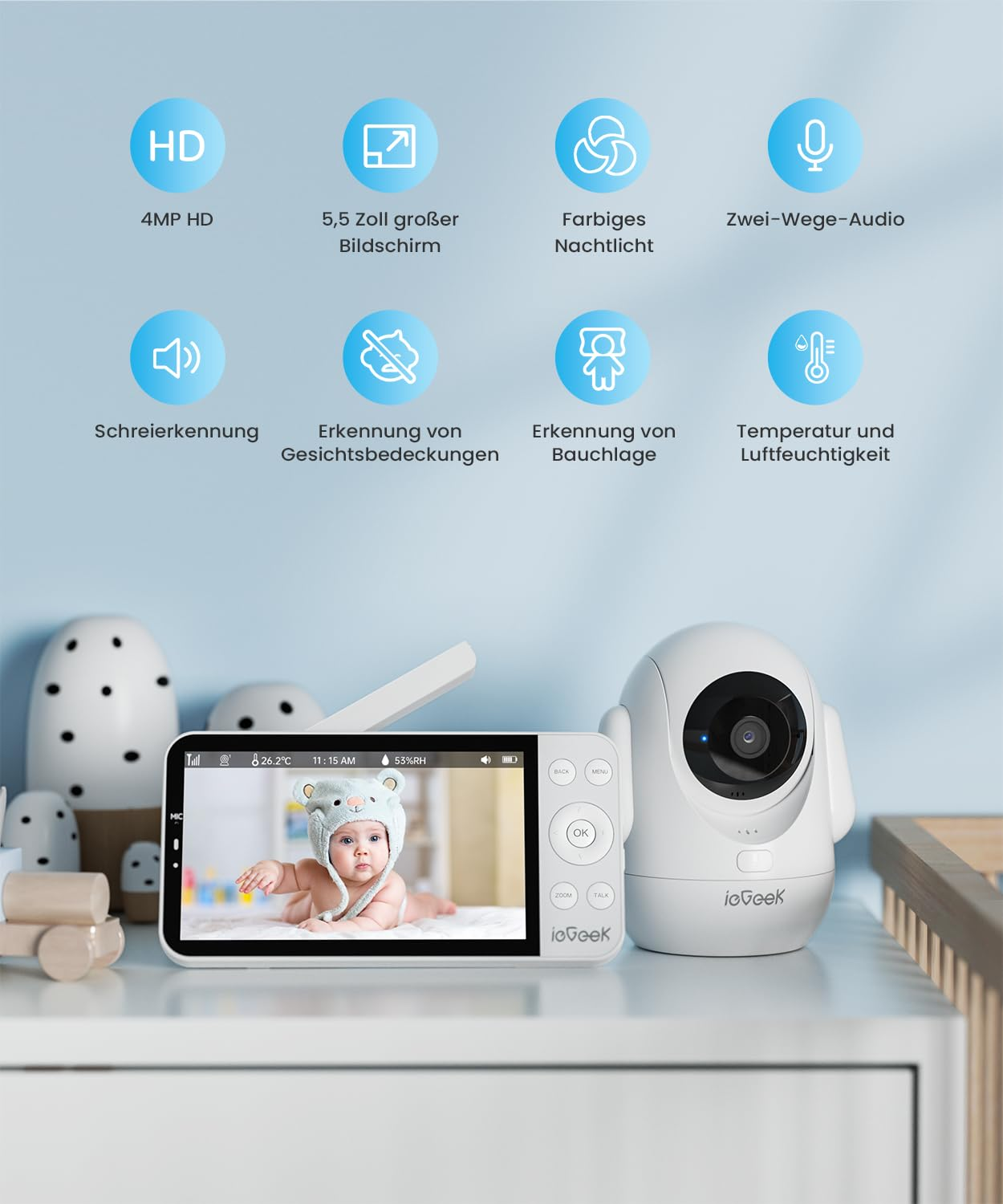 Baby monitor con telecamera, schermo grande e icone per HD, audio, temperatura e rilevamento pianto sopra.