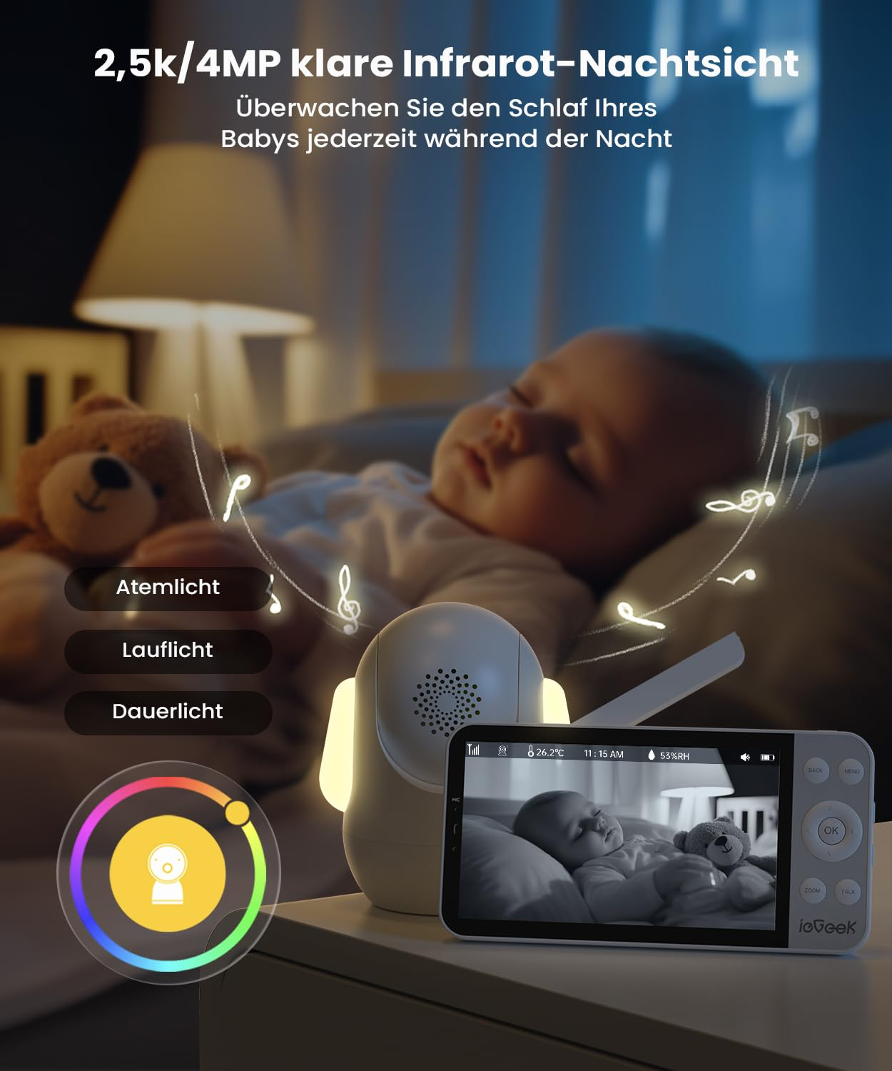 Un baby monitor con telecamera mostra un bambino che dorme. In primo piano si vedono la telecamera e il monitor.