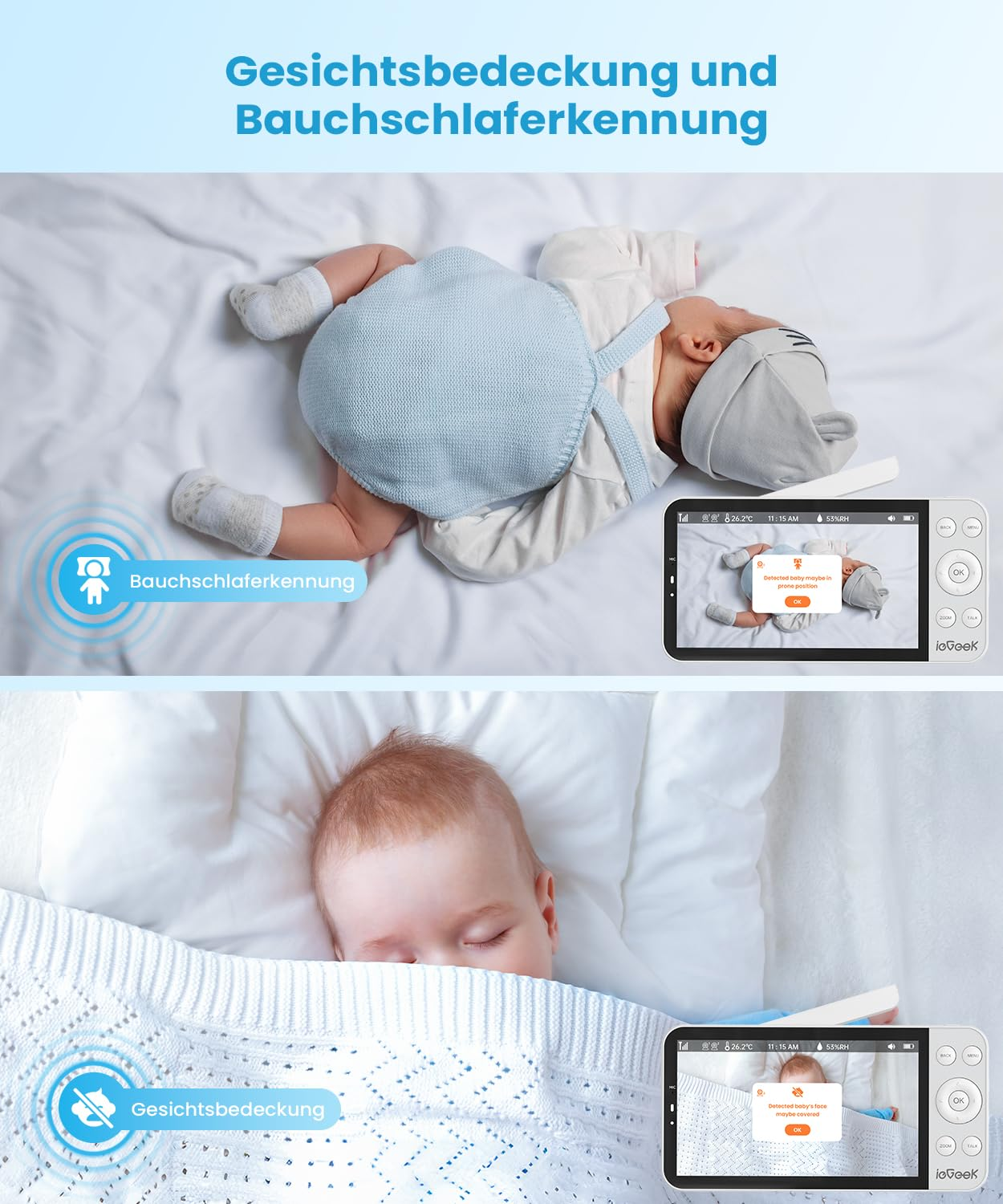 Un baby monitor mostra la copertura del viso e il rilevamento del sonno prono per un neonato.