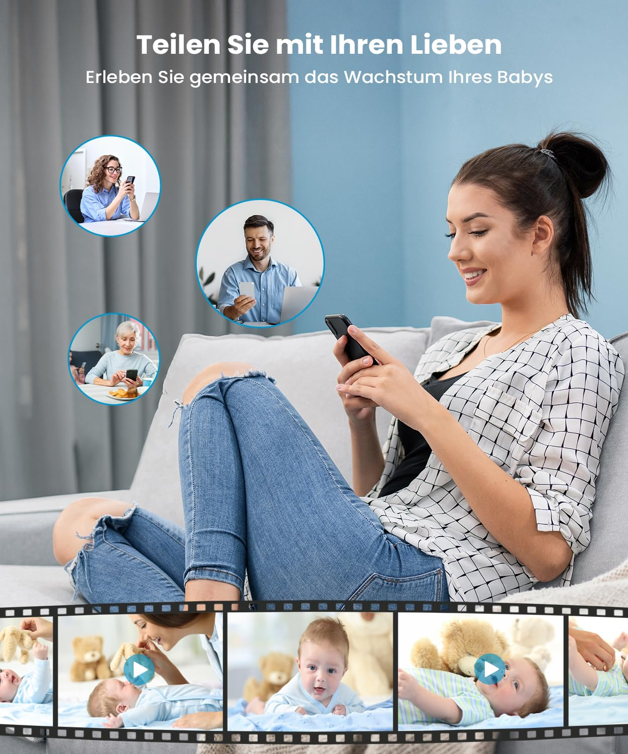 Una giovane donna siede su un divano usando lo smartphone, circondata da immagini di familiari.