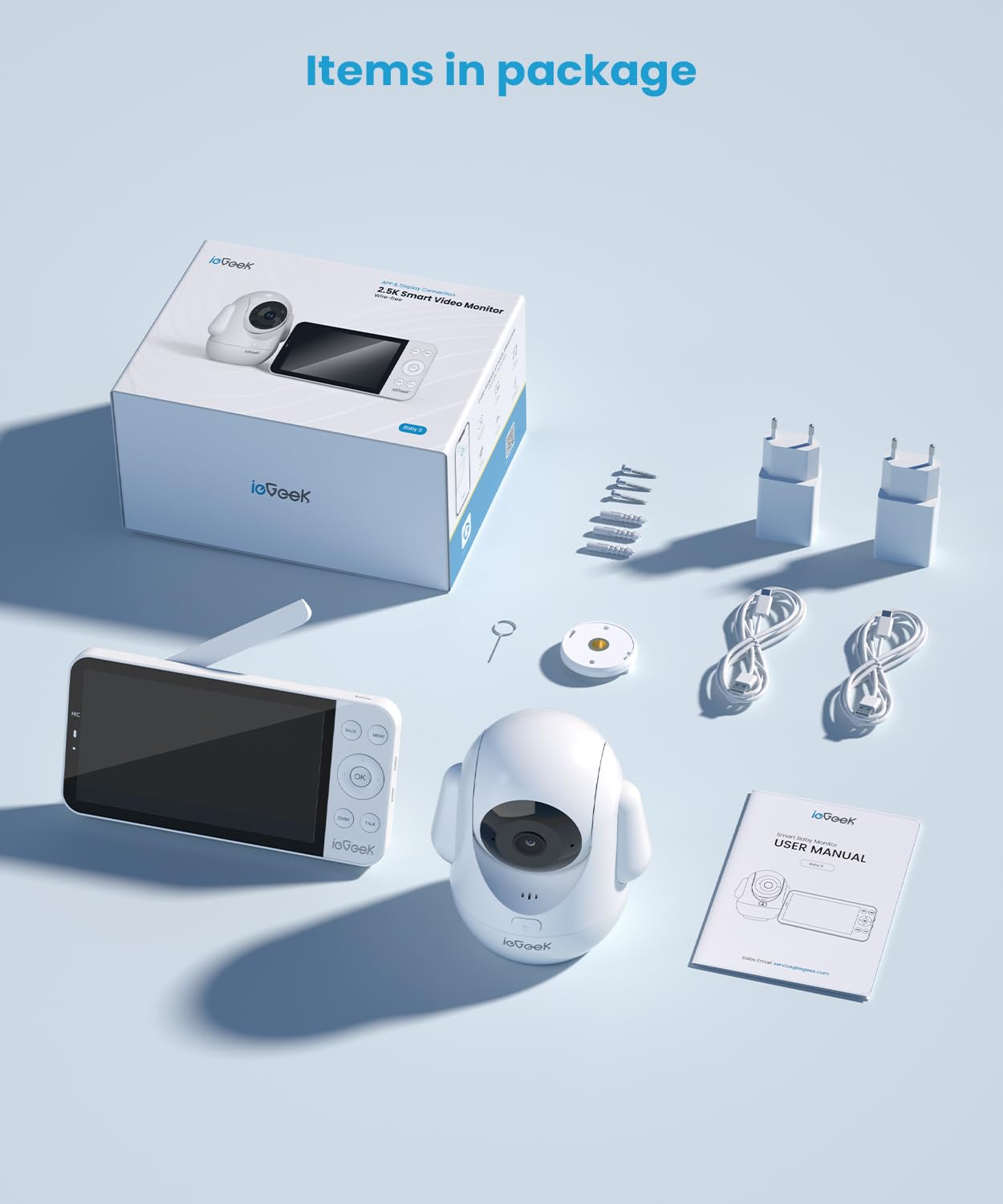 Set monitor video smart con telecamera, schermo, adattatori, cavi, kit di montaggio e manuale.