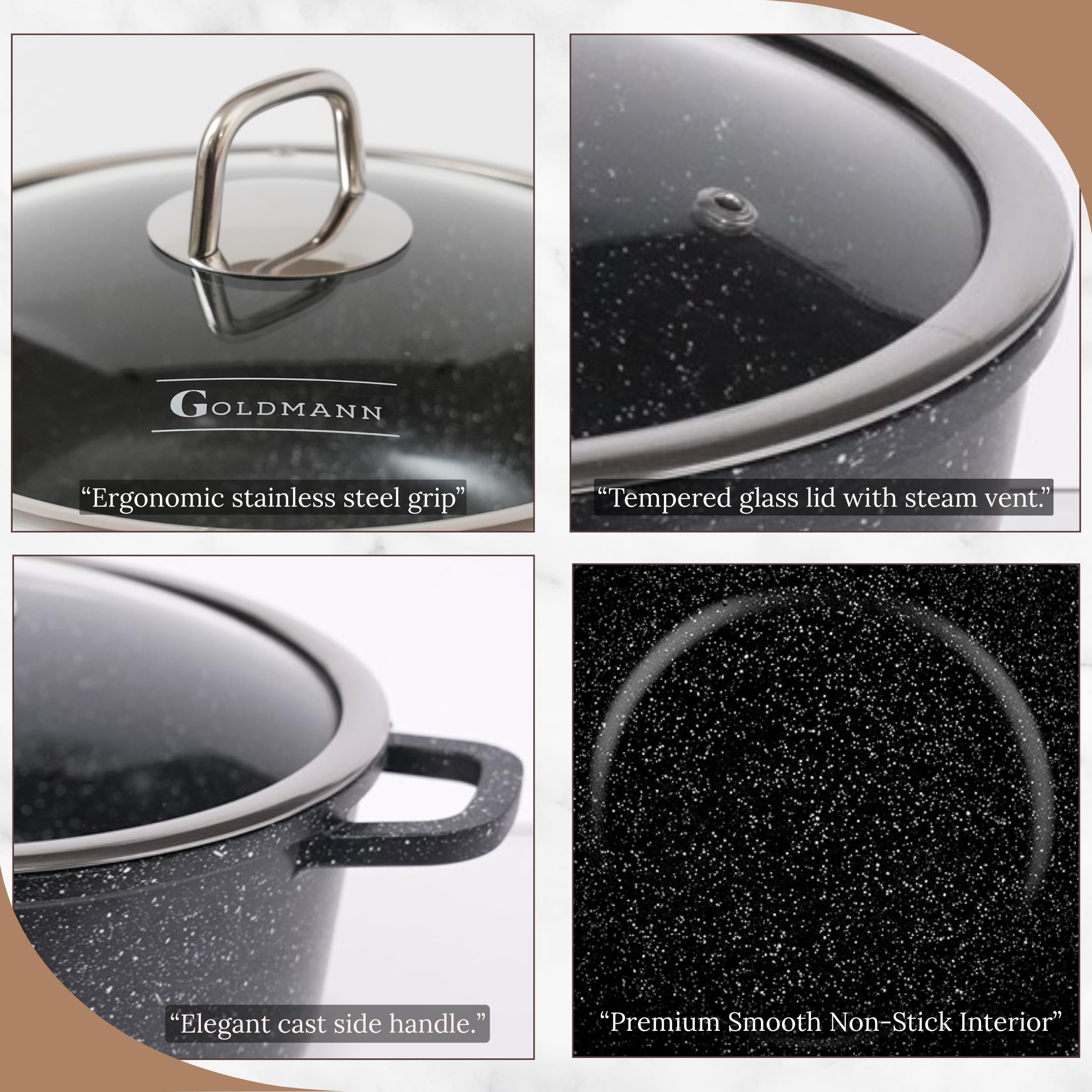 Quatre détails d'une casserole grise Goldmann avec couvercle en verre, poignées en inox et revêtement antiadhésif.