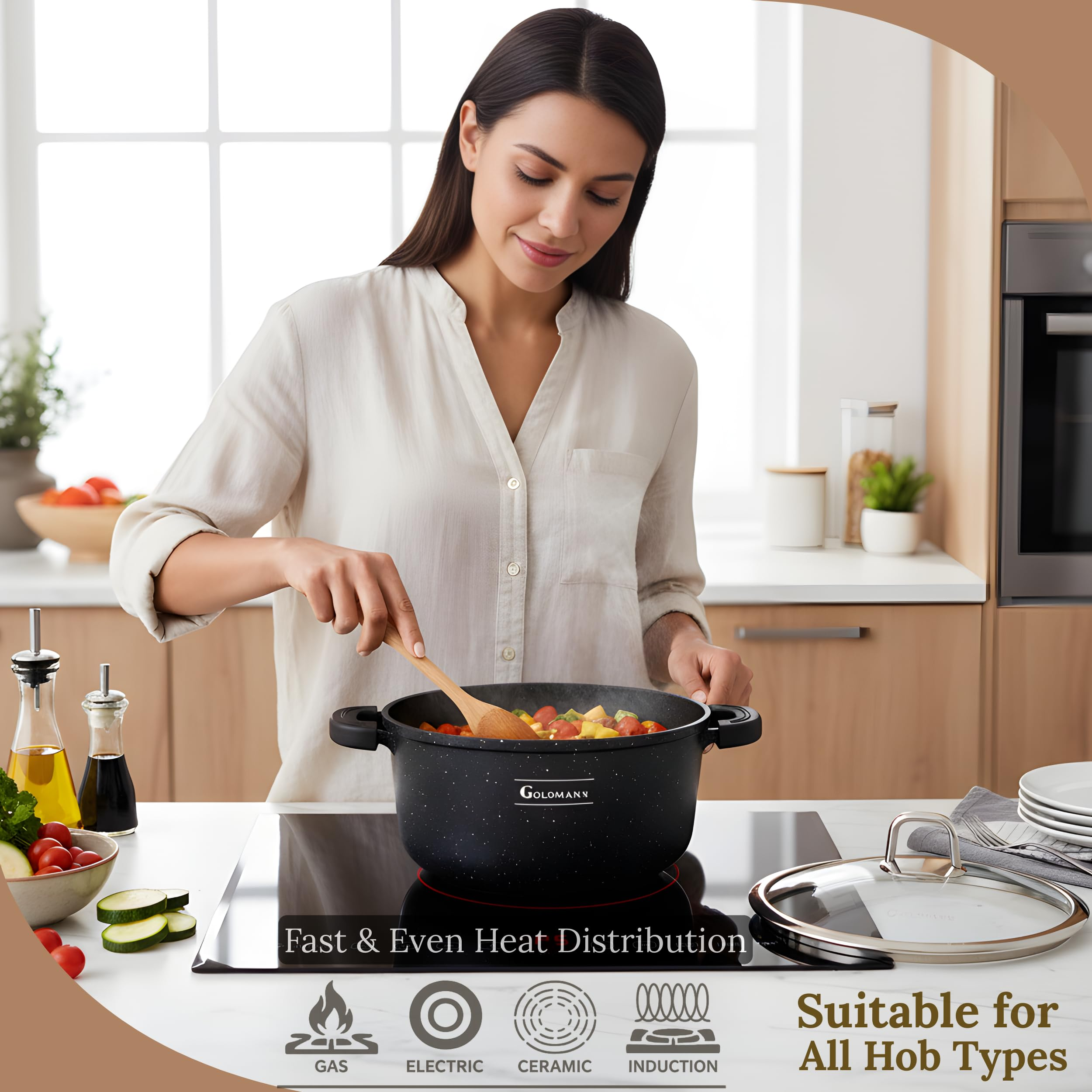 Femme cuisine dans une cuisine moderne avec une marmite noire sur induction.