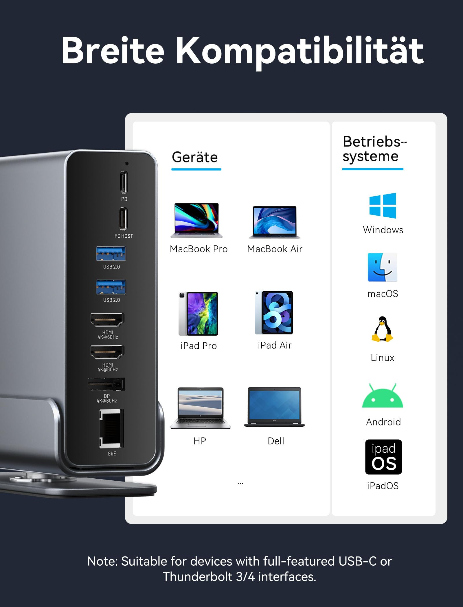 Grafica che mostra una docking station grigia con varie porte, dispositivi e sistemi operativi compatibili.