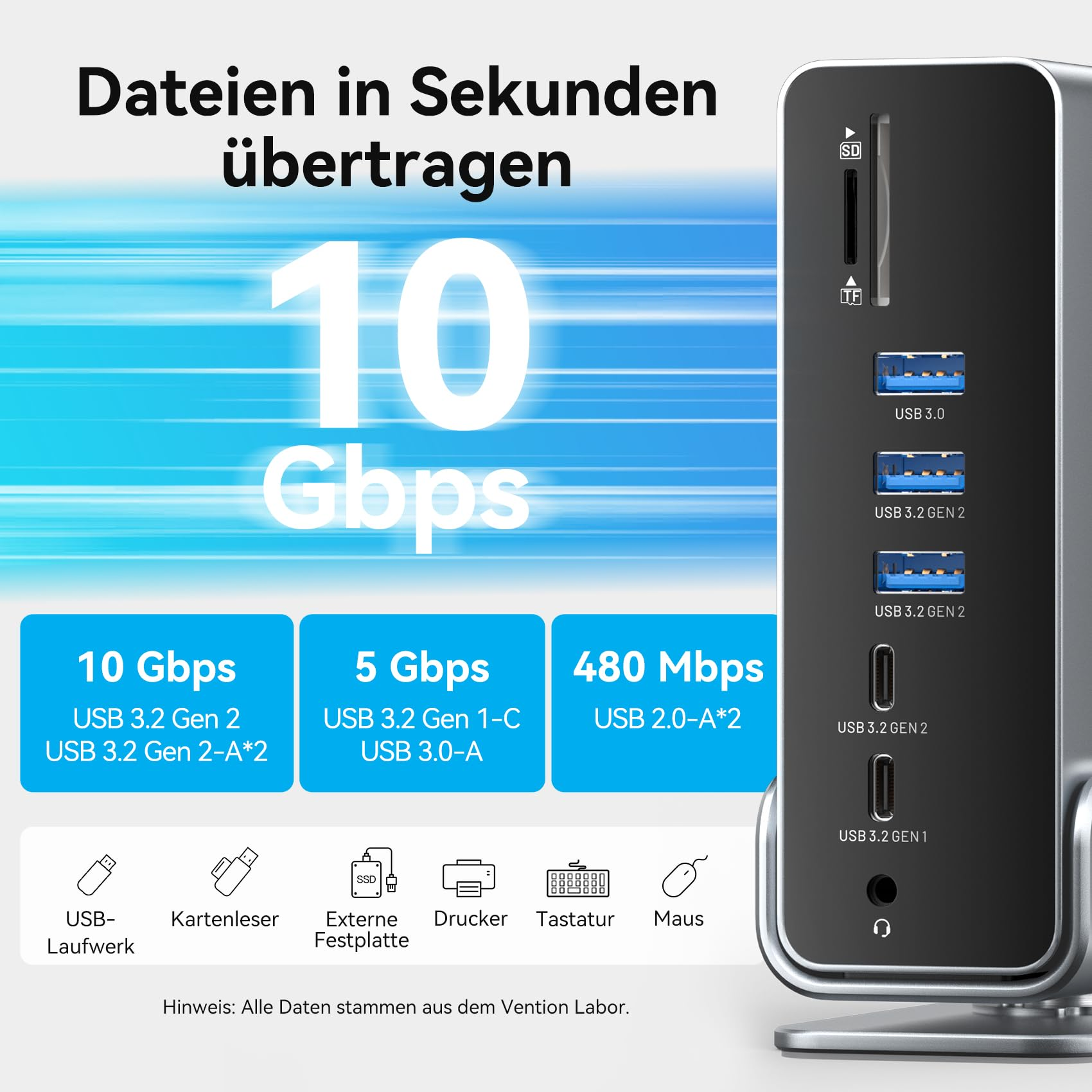 Un hub USB argentato con varie porte e specifiche di velocità su sfondo blu.