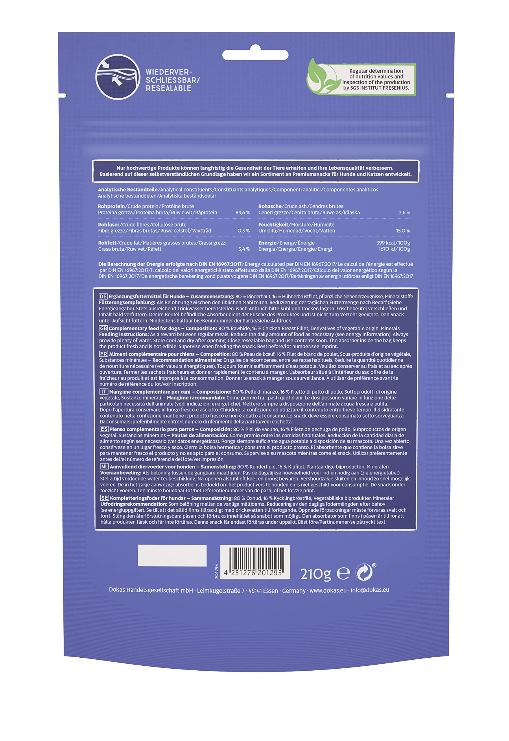 Rückseite einer violetten Tierfutterverpackung mit Text, Nährwertangaben und Logos.
