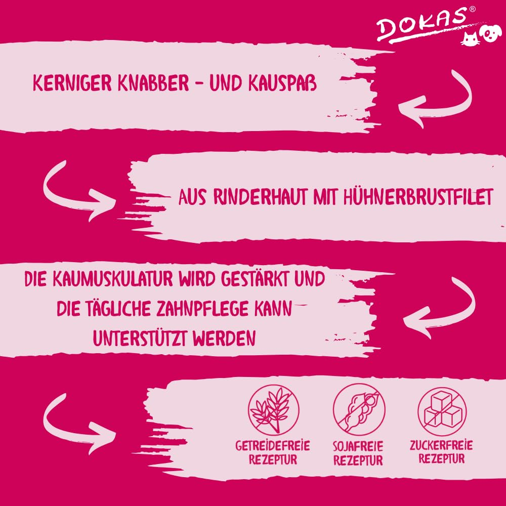 Rosa-pinkfarbene Produktinfo mit weißen Strichen und Text zu Rinderhaut und Hühnerbrustfilet.
