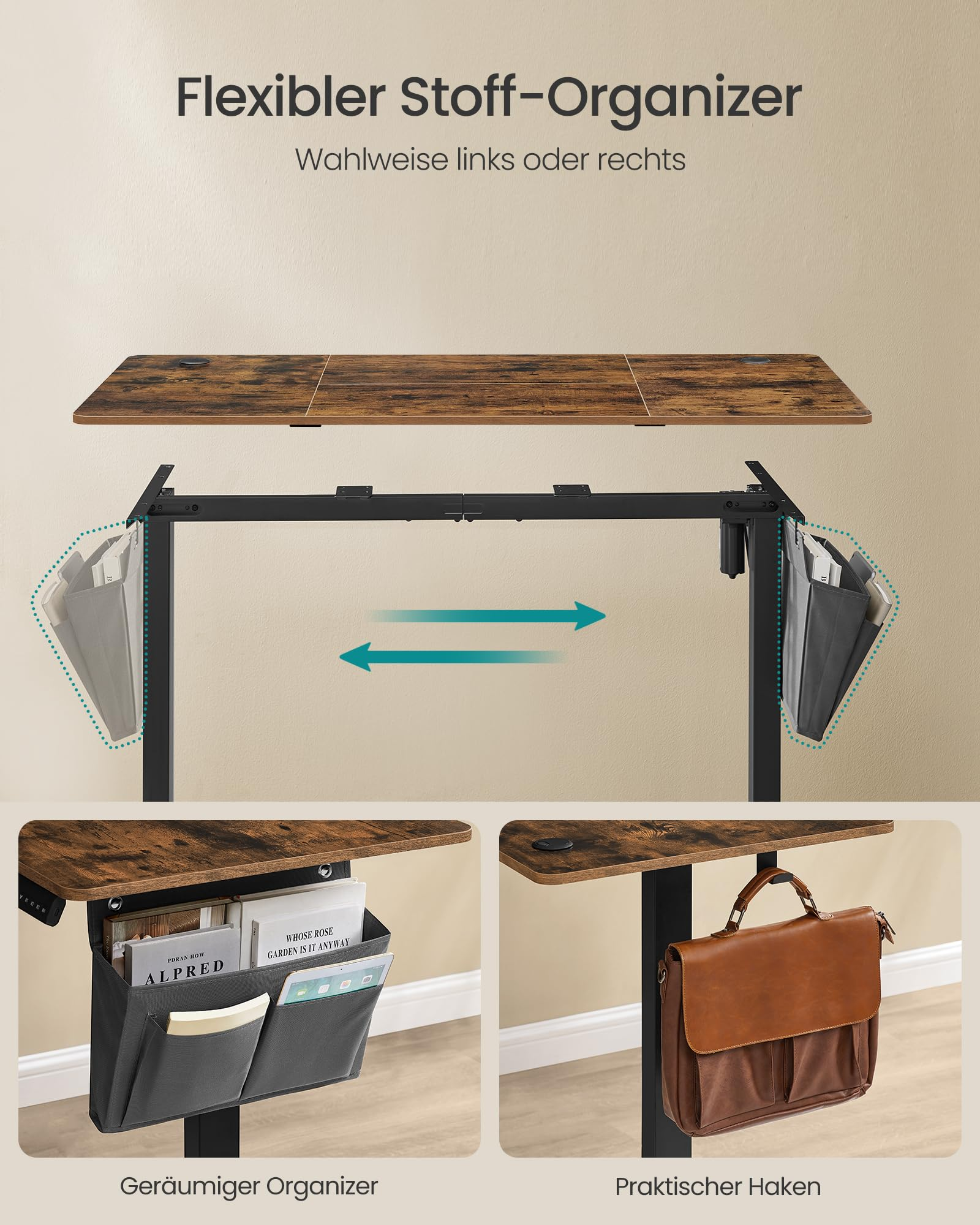 Bureau debout avec plateau en bois, poches en tissu latérales et crochet pour sacs.