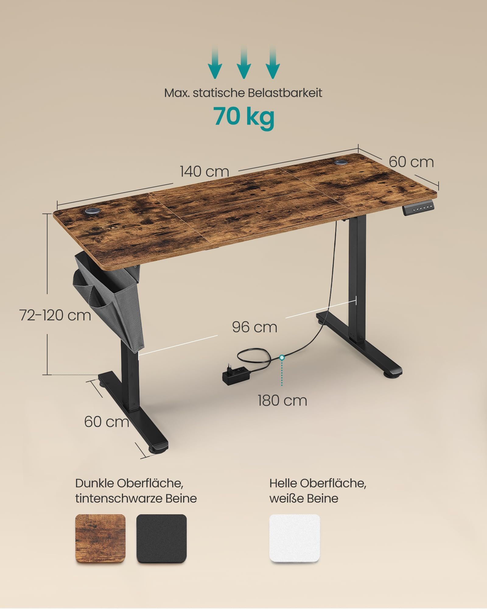 Plan coté d'un bureau réglable avec plateau en bois et pieds noirs, indiquant les dimensions et spécifications.