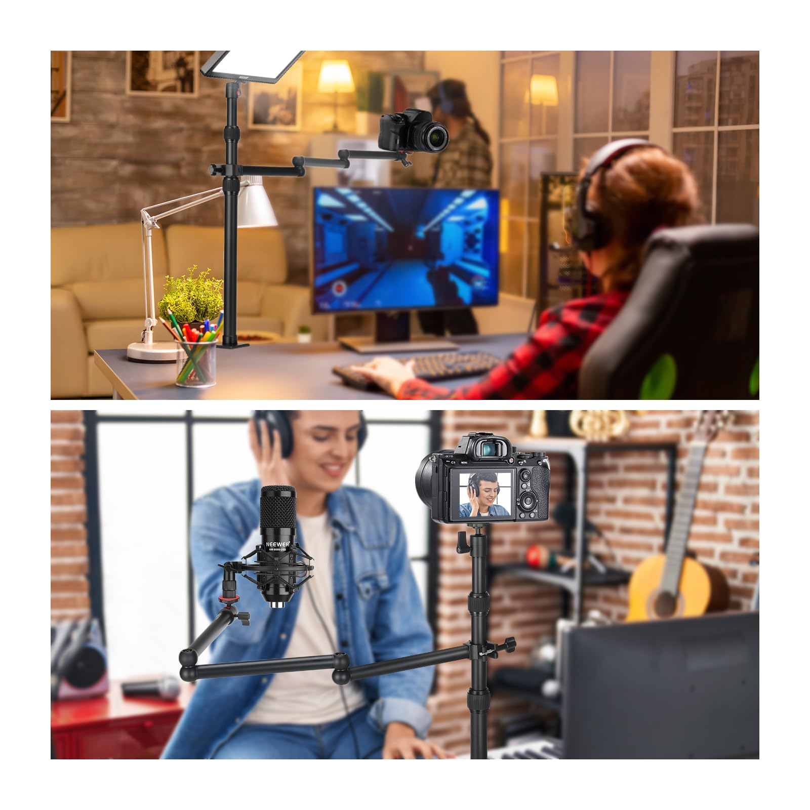 I creator di contenuti lavorano alle scrivanie con telecamere, microfoni e bracci di illuminazione per lo streaming.