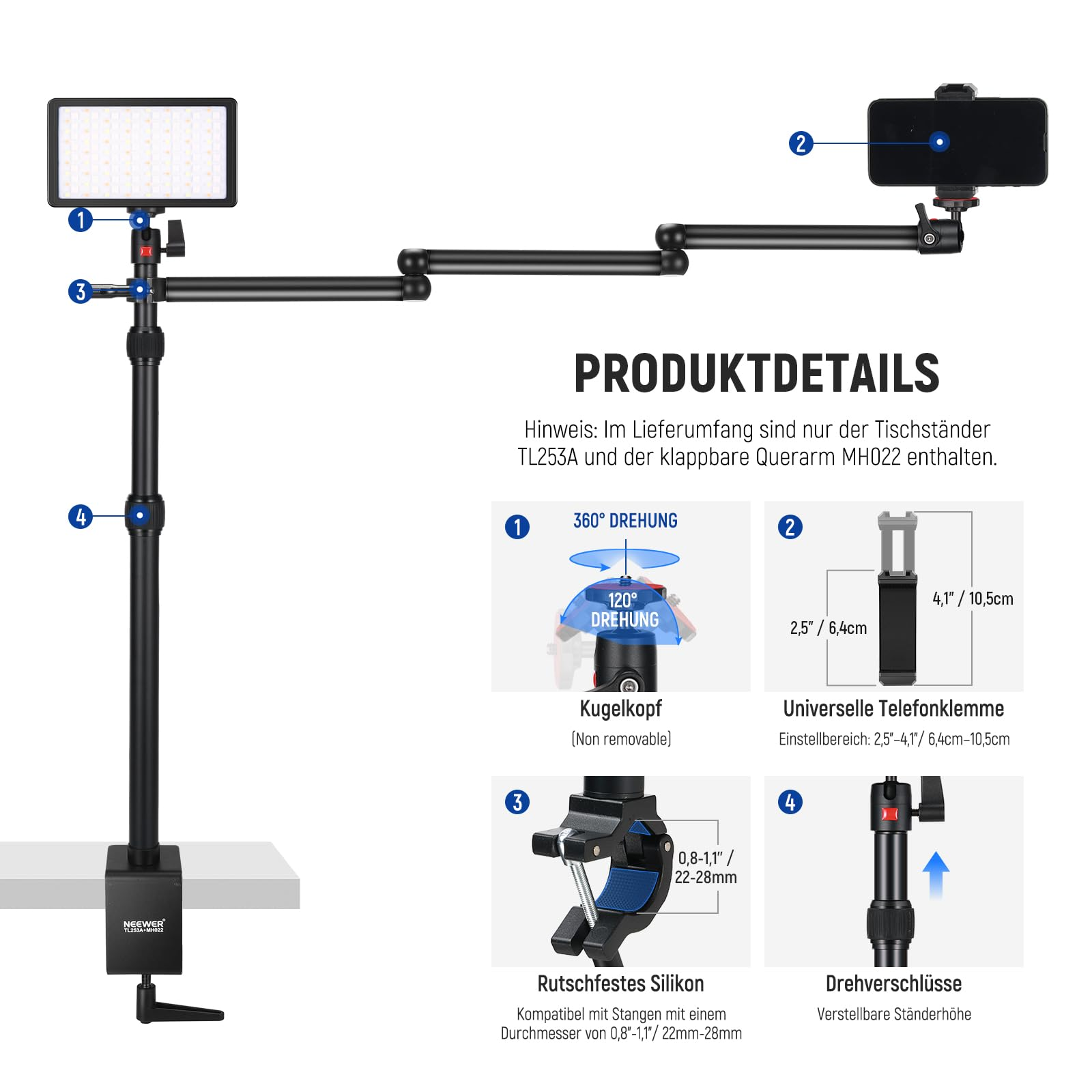 Dettagli del prodotto del supporto da scrivania regolabile con luce LED e supporto per smartphone.