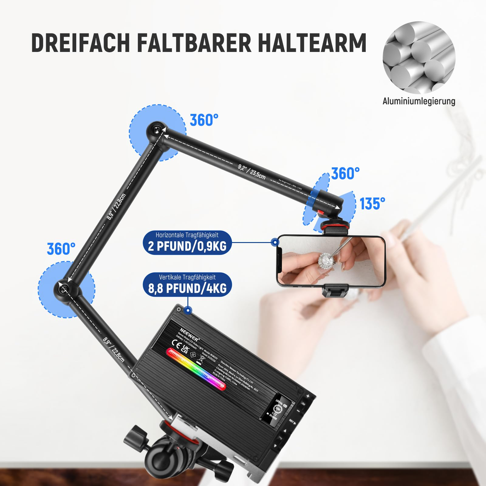 Diagramma di un braccio in alluminio triplo pieghevole con dimensioni, rotazione a 360 gradi e capacità di carico.