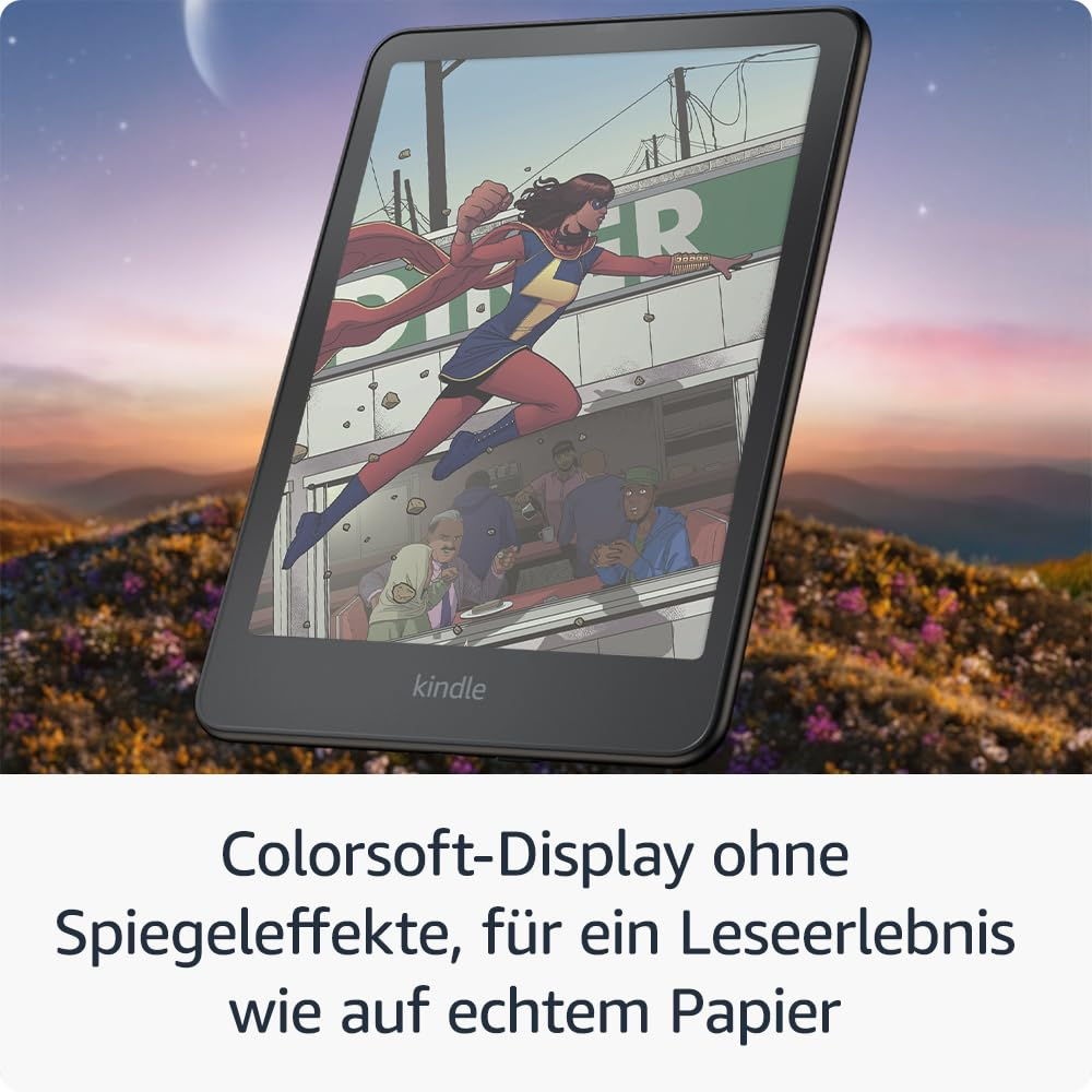 Liseuse Kindle affichant une scène de bande dessinée colorée en plein air au coucher du soleil.