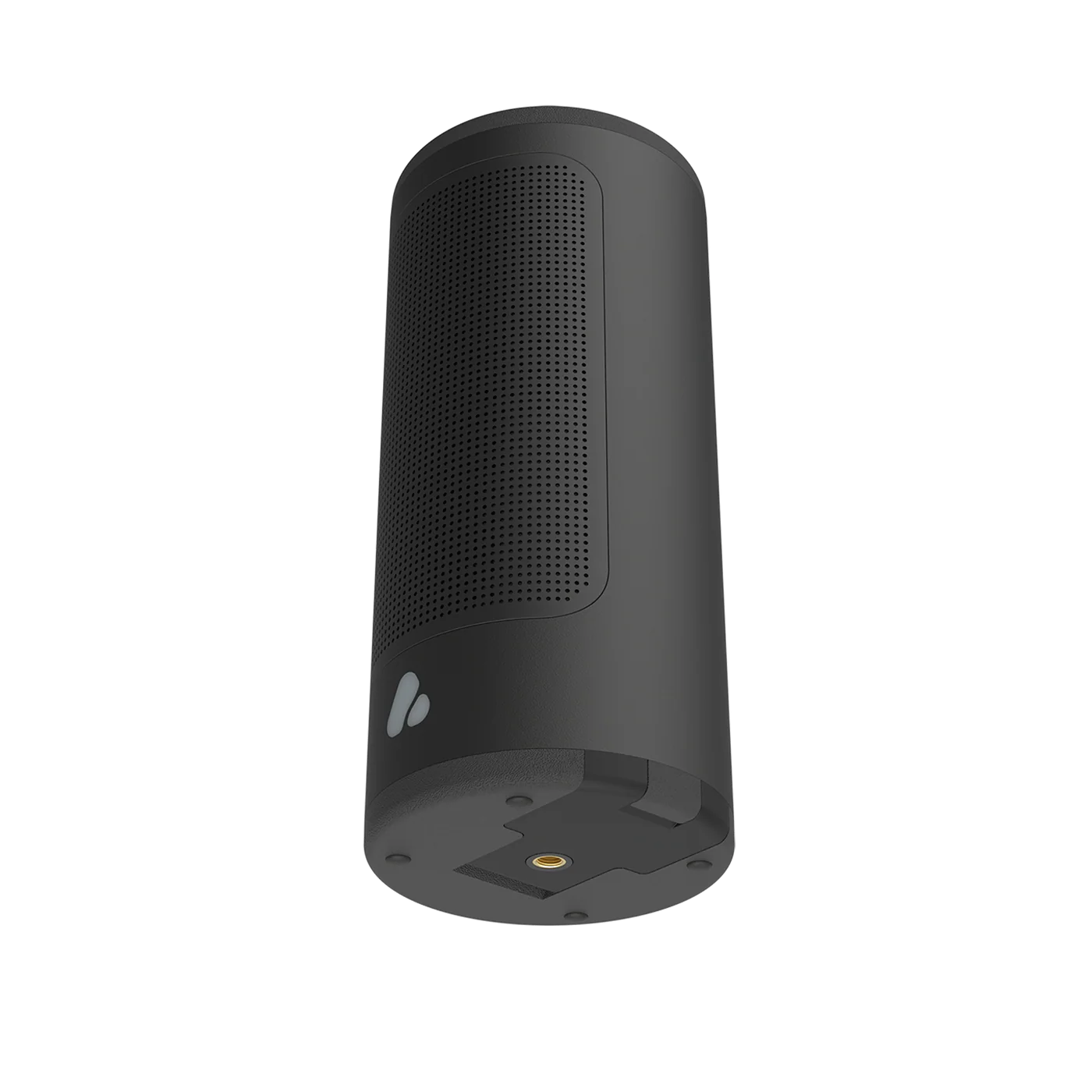 Une enceinte cylindrique noire avec une grille perforée et un logo sur fond noir uni.