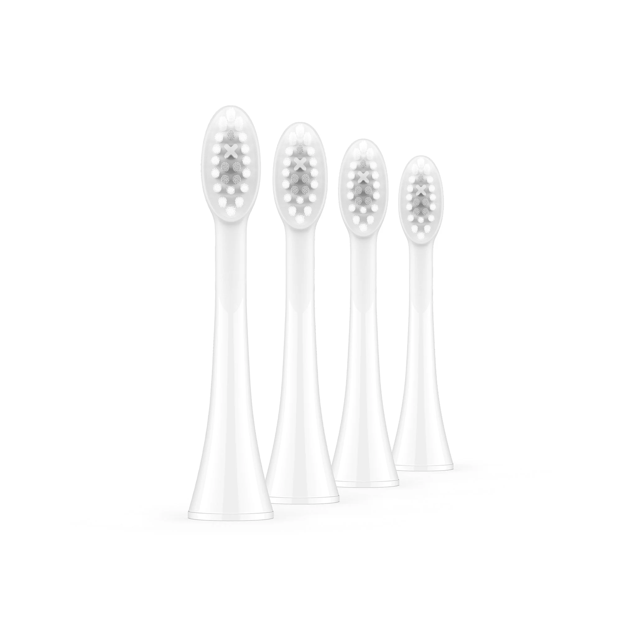 Cuatro cabezales de cepillo de dientes eléctrico blanco en una superficie blanca.