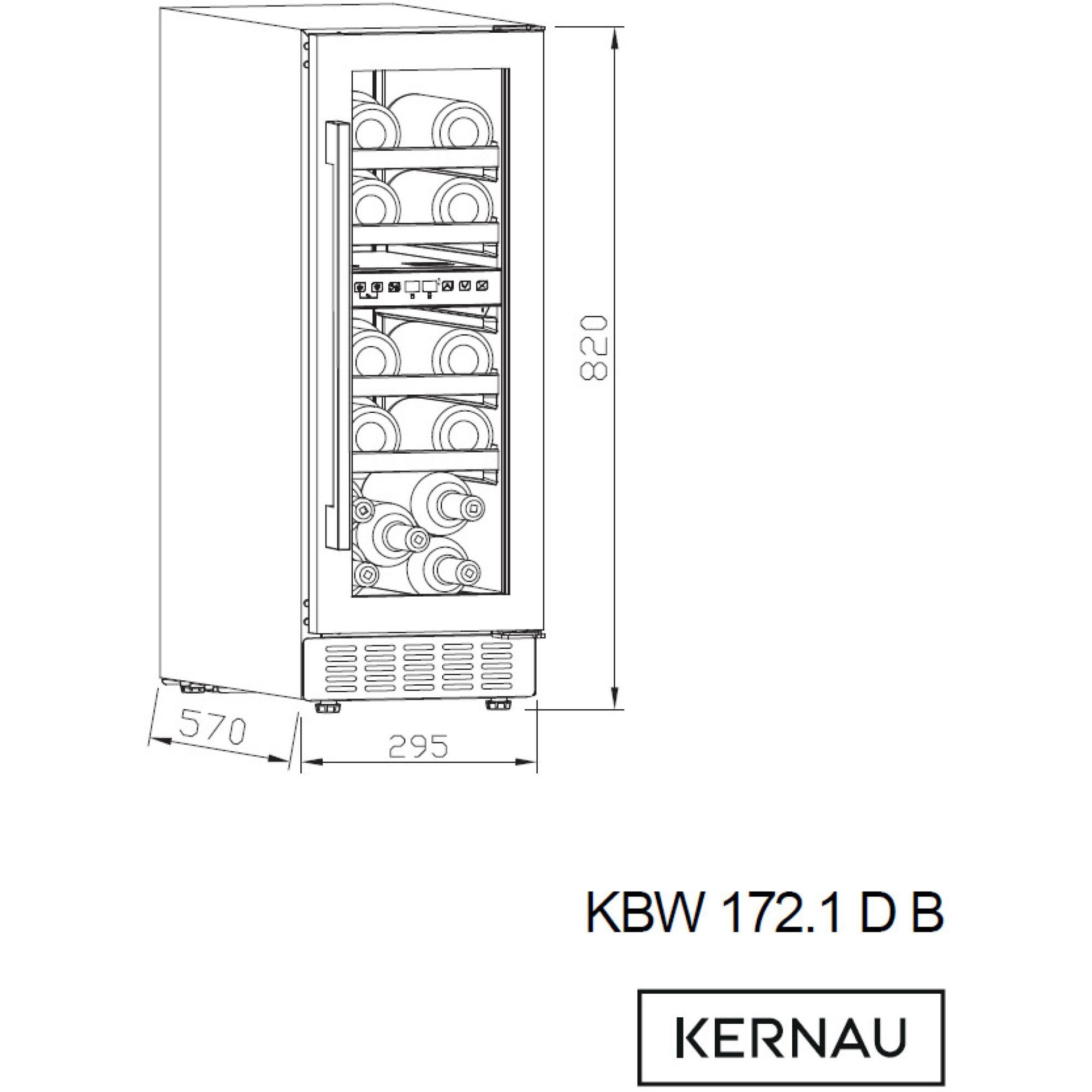 Rysunek techniczny chłodziarki do wina KBW 172.1 D B o wymiarach 820x295x570 mm od Kernau.