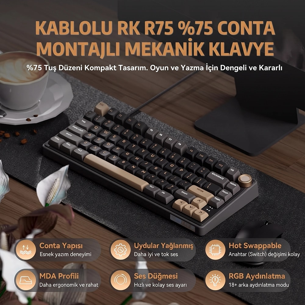 Kompaktowa brązowo-czarna klawiatura mechaniczna na biurku z filiżanką kawy i tekstem.