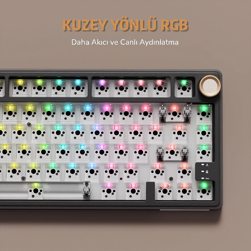Klawiatura mechaniczna z północnym podświetleniem RGB i tekstem na górze.