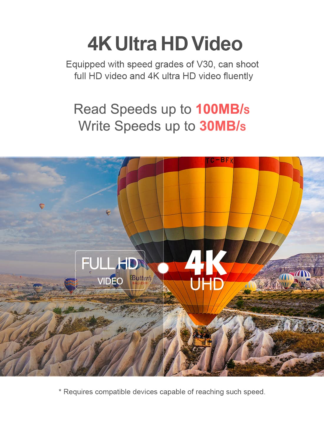 Publicité vidéo 4K Ultra HD montrant des vitesses et des montgolfières sur un paysage.