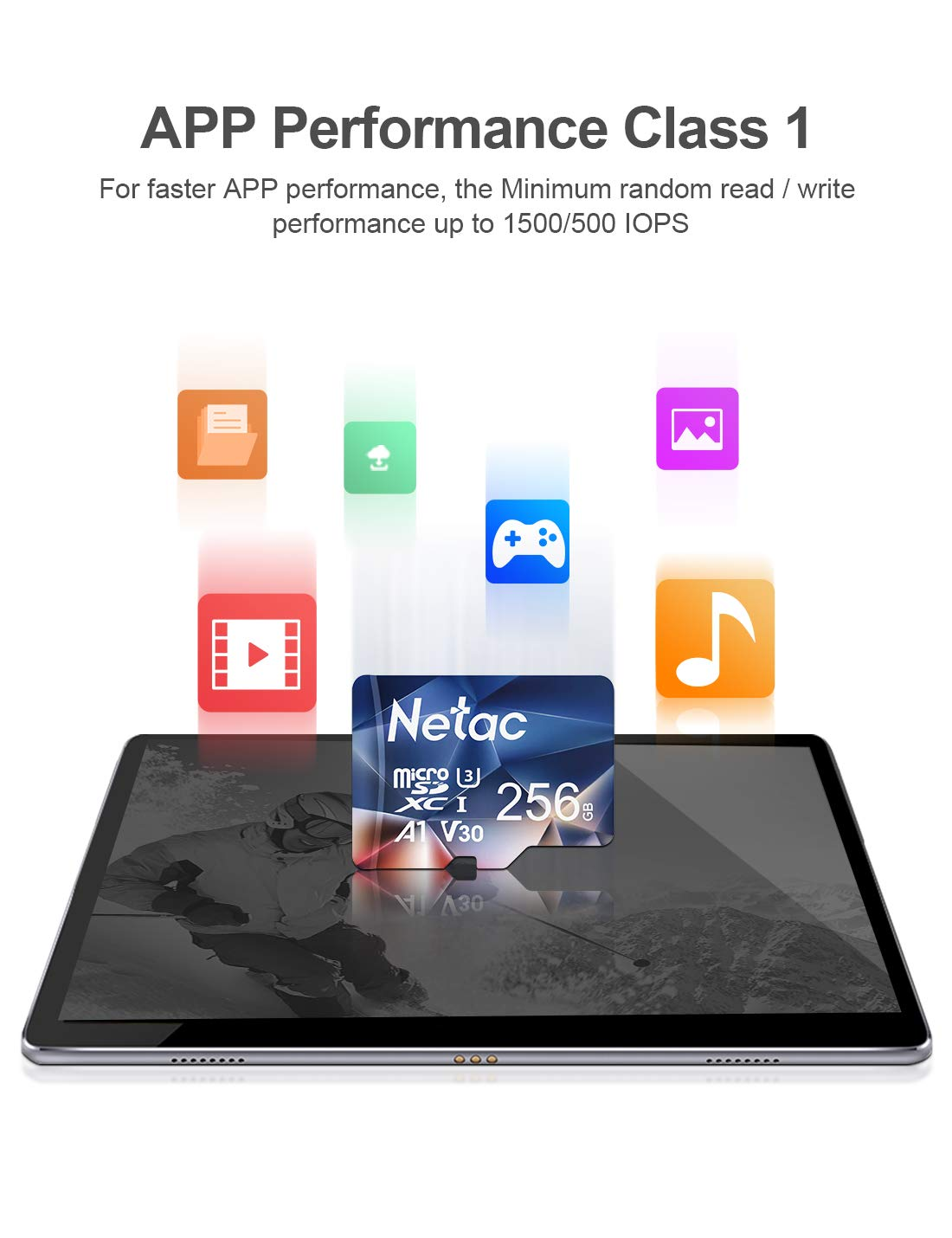 Une carte MicroSD Netac de 256 Go flotte au-dessus d'une tablette, entourée d'icônes d'applications.
