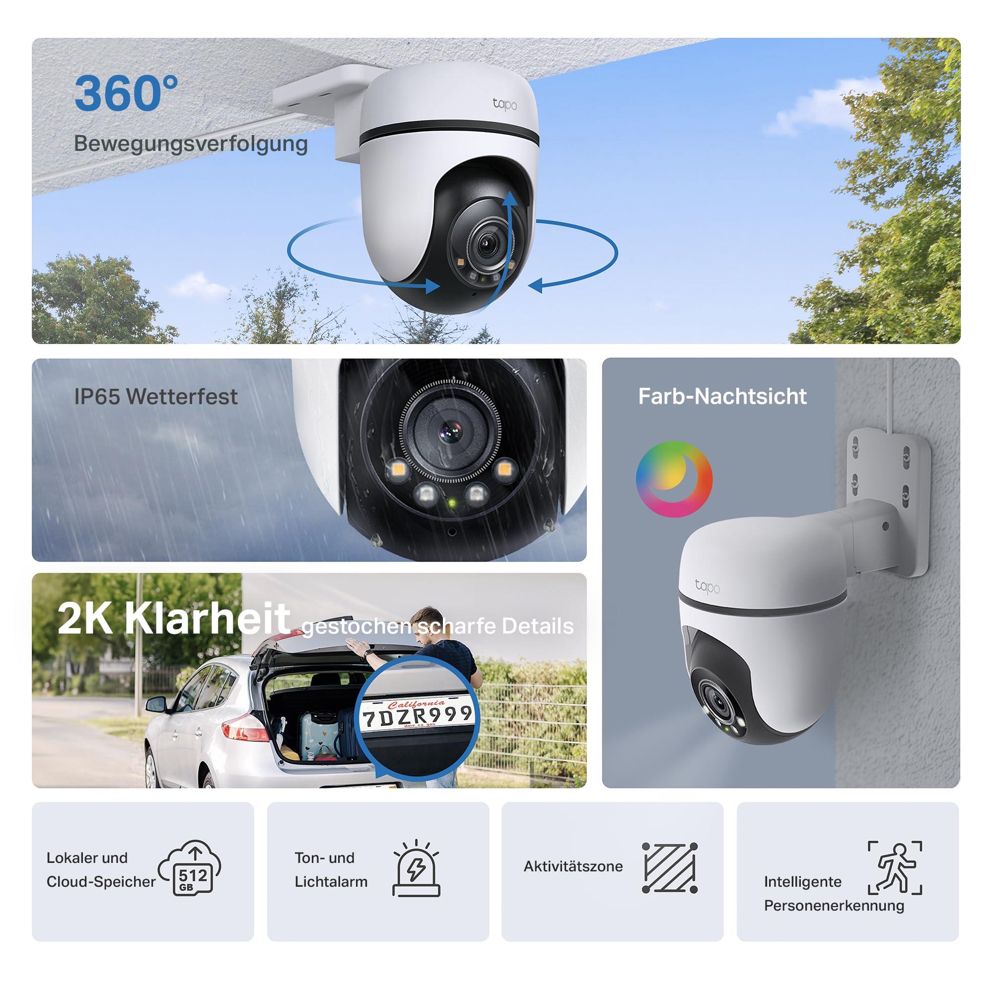 Caratteristiche di una telecamera di sicurezza Tapo bianca con visione notturna, resistenza agli agenti atmosferici e 2K.