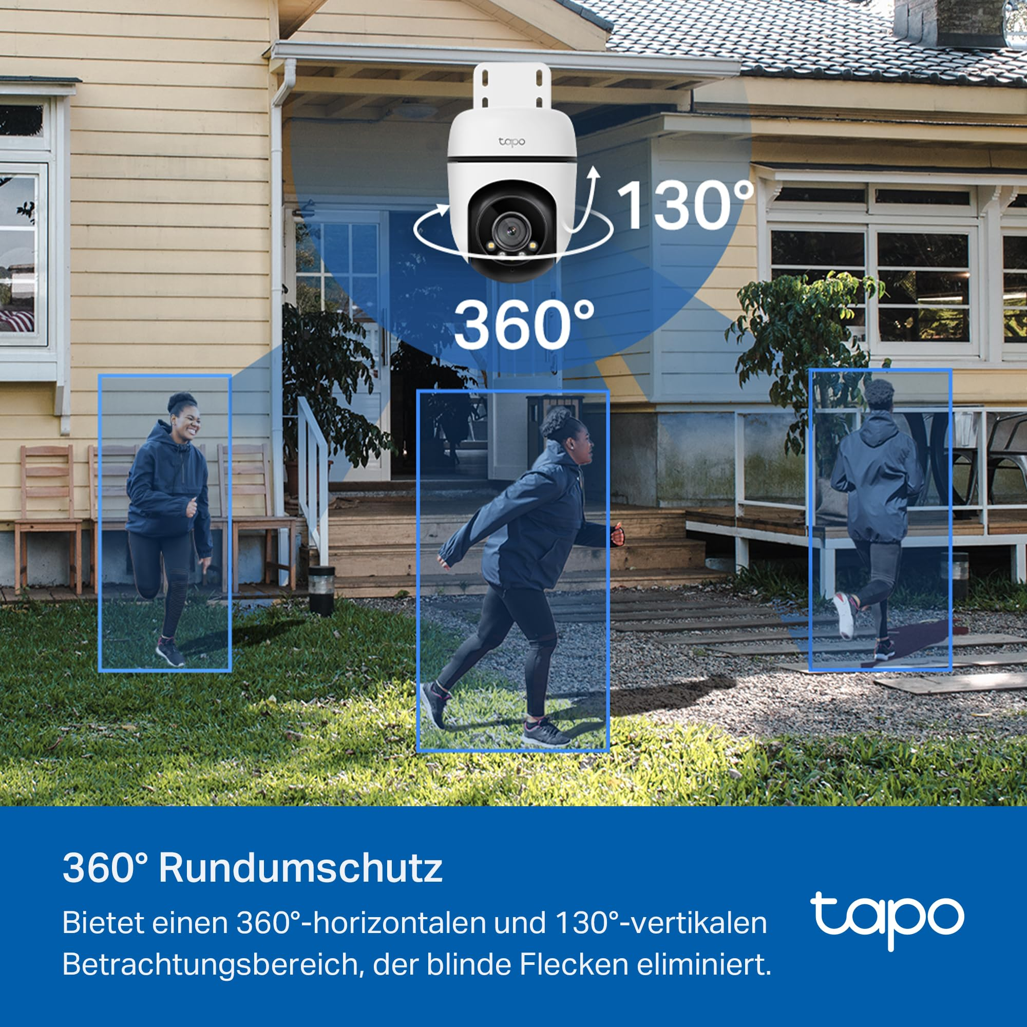 Una telecamera di sicurezza Tapo bianca con visuale a 360 gradi che traccia una persona davanti a una casa.