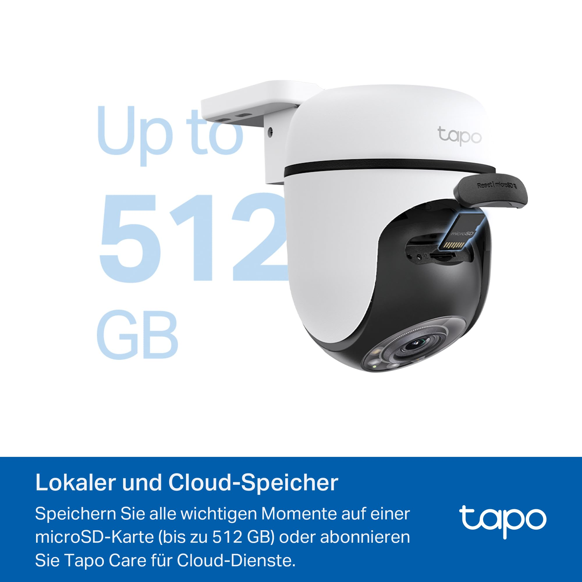 Telecamera di sicurezza Tapo bianca con scheda microSD inserita e testo fino a 512 GB.