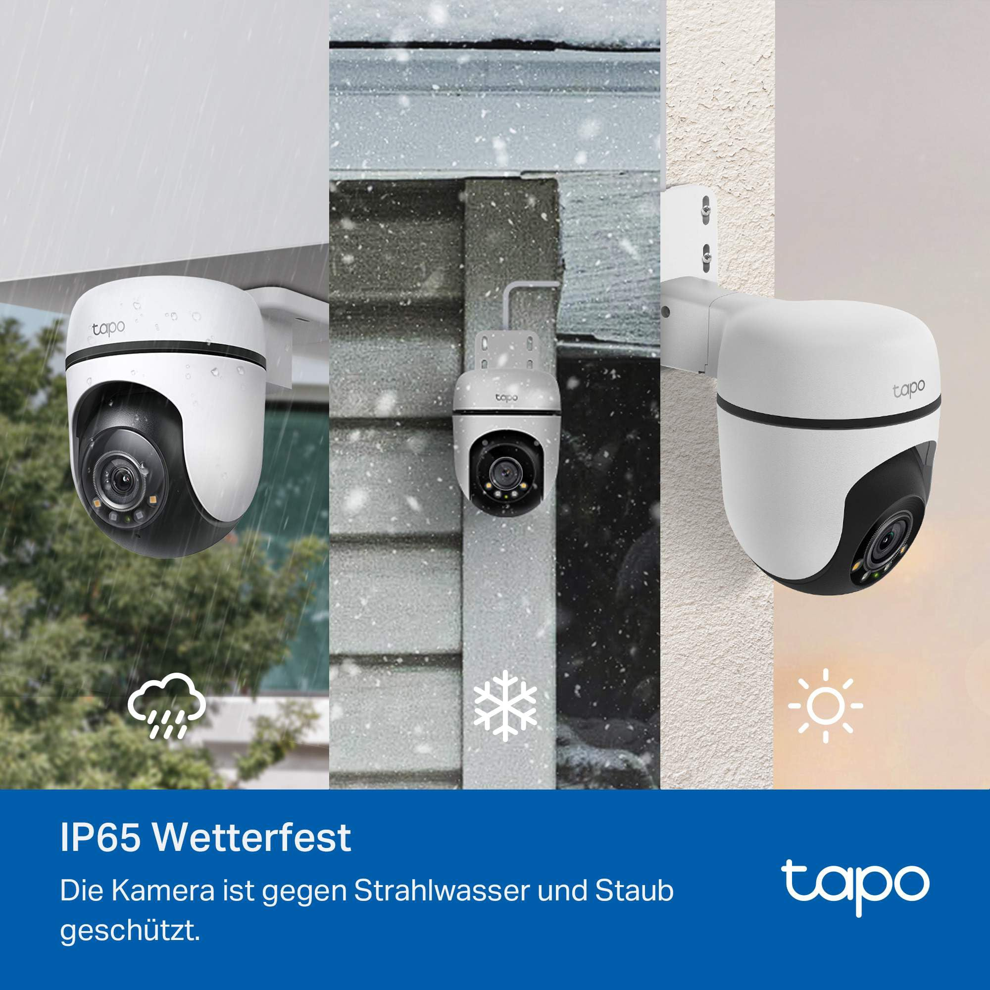 Tre telecamere di sicurezza Tapo bianche all'aperto resistenti a pioggia, neve e sole con classificazione IP65.