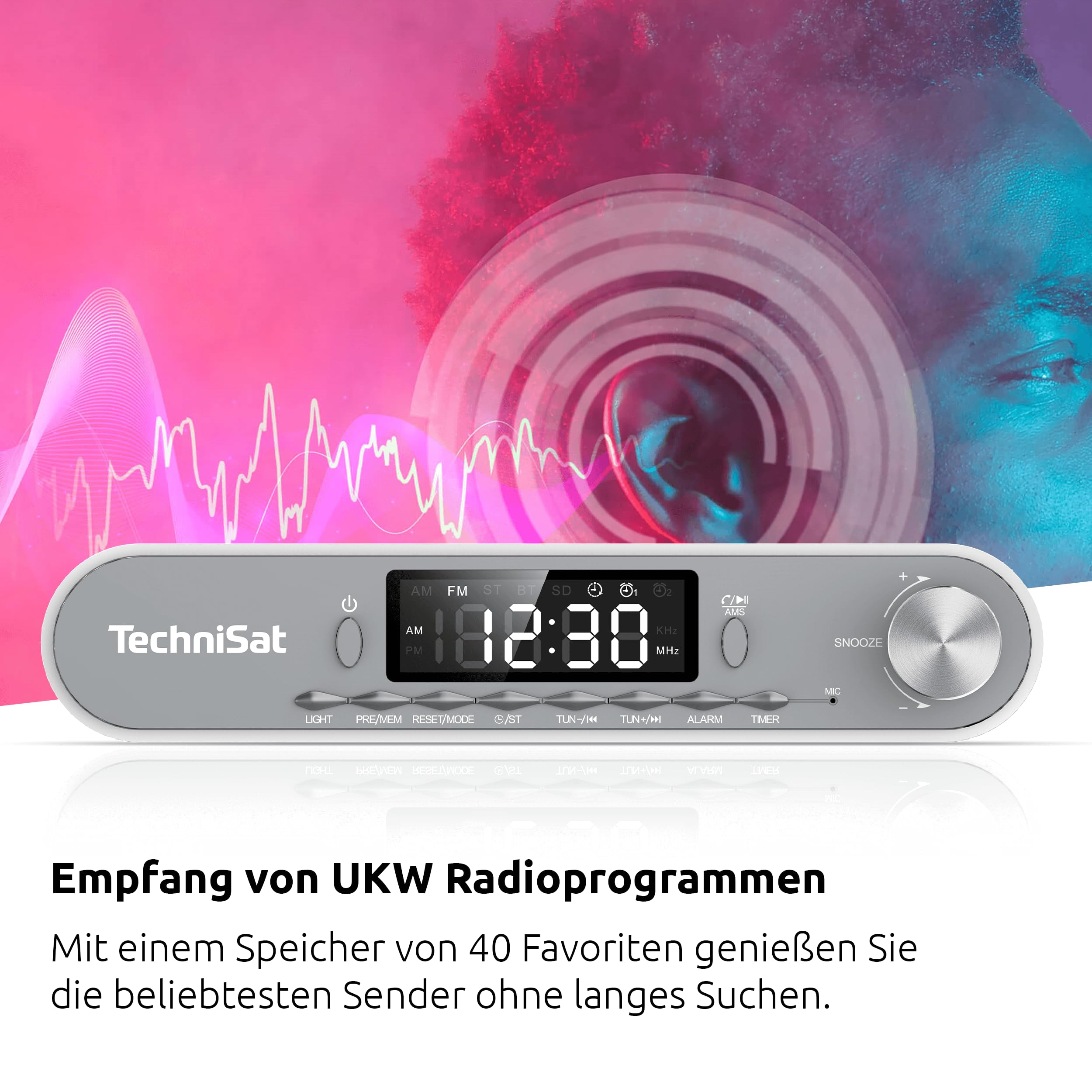TechniSat-Radio vor rosa Hintergrund mit Schallwellen und hörender Person.